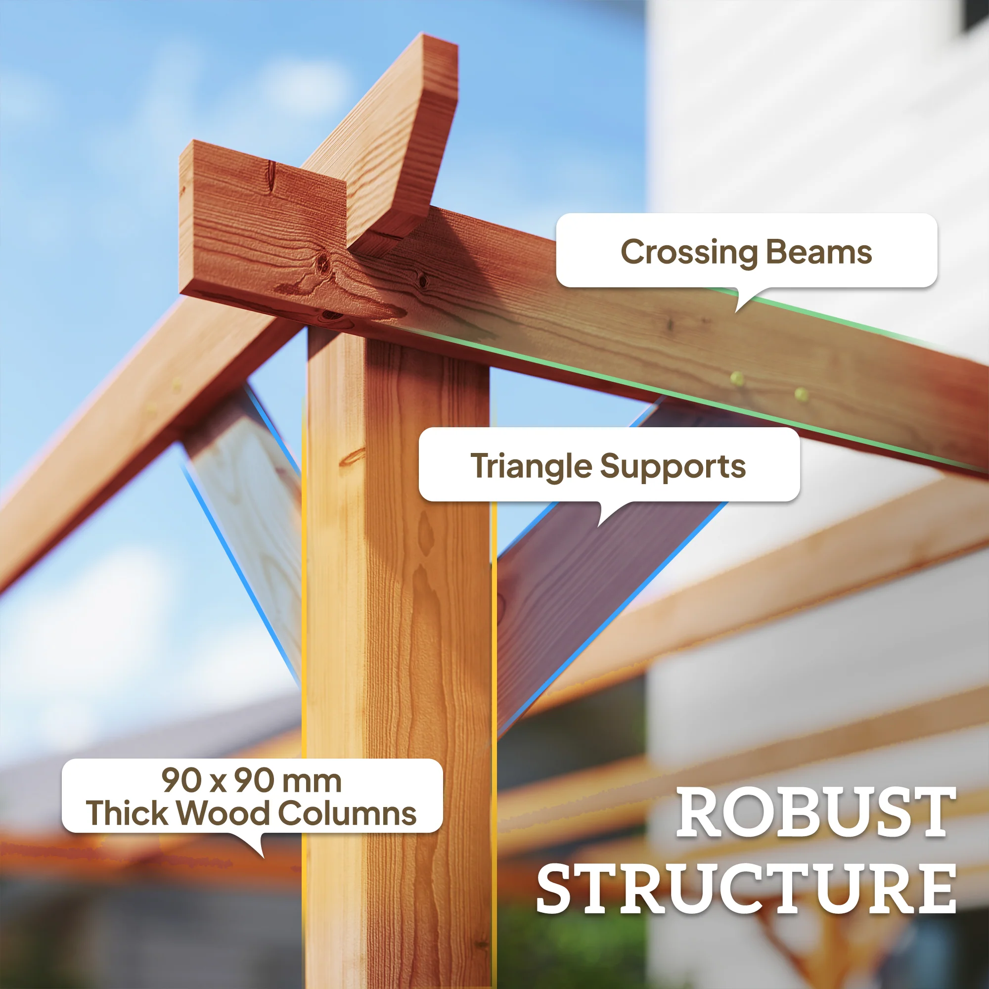 3 x 3 m Wooden Pergola Kit with Triangle Supports, 5 Crossing Beams, Maple Wood-effect - Image 6
