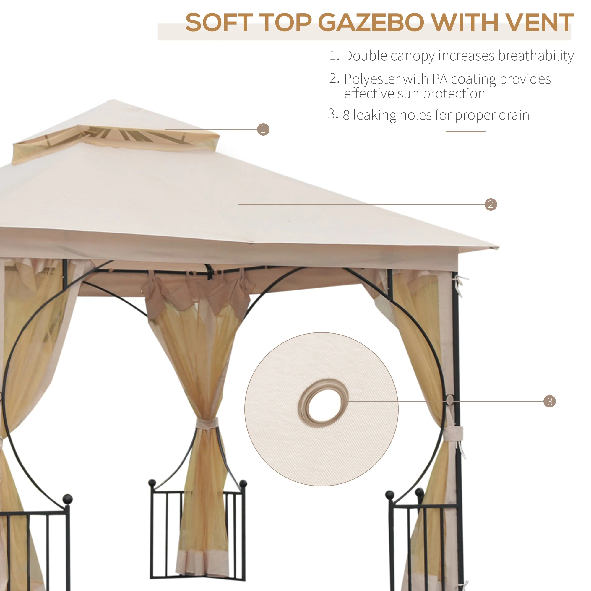 3 x 3m Garden Gazebo Patio Party Tent Shelter Outdoor Canopy Double Tier Sun Shade with Metal Frame and Netting, Beige - Image 6