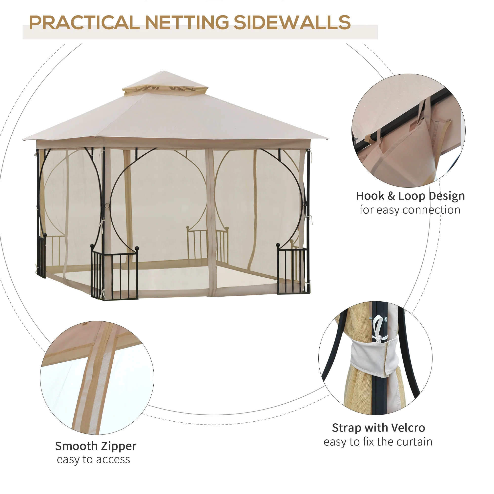 3 x 3m Garden Gazebo Patio Party Tent Shelter Outdoor Canopy Double Tier Sun Shade with Metal Frame and Netting, Beige - Image 8