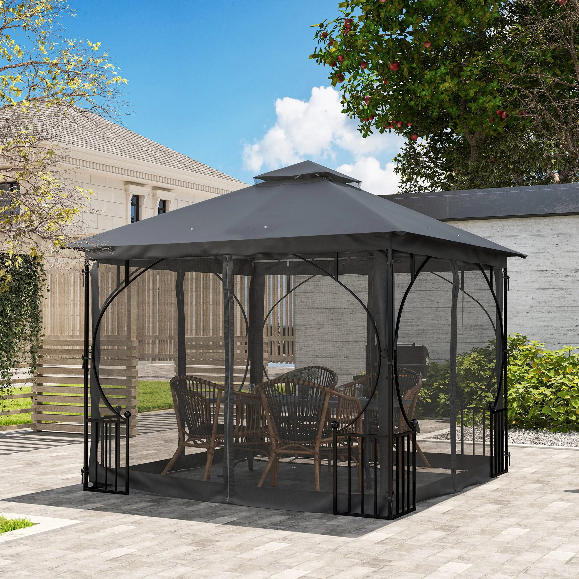 3 x 3m Garden Gazebo Patio Party Tent Shelter Outdoor Canopy Double Tier Sun Shade with Metal Frame and Netting, Dark Grey - Image 10