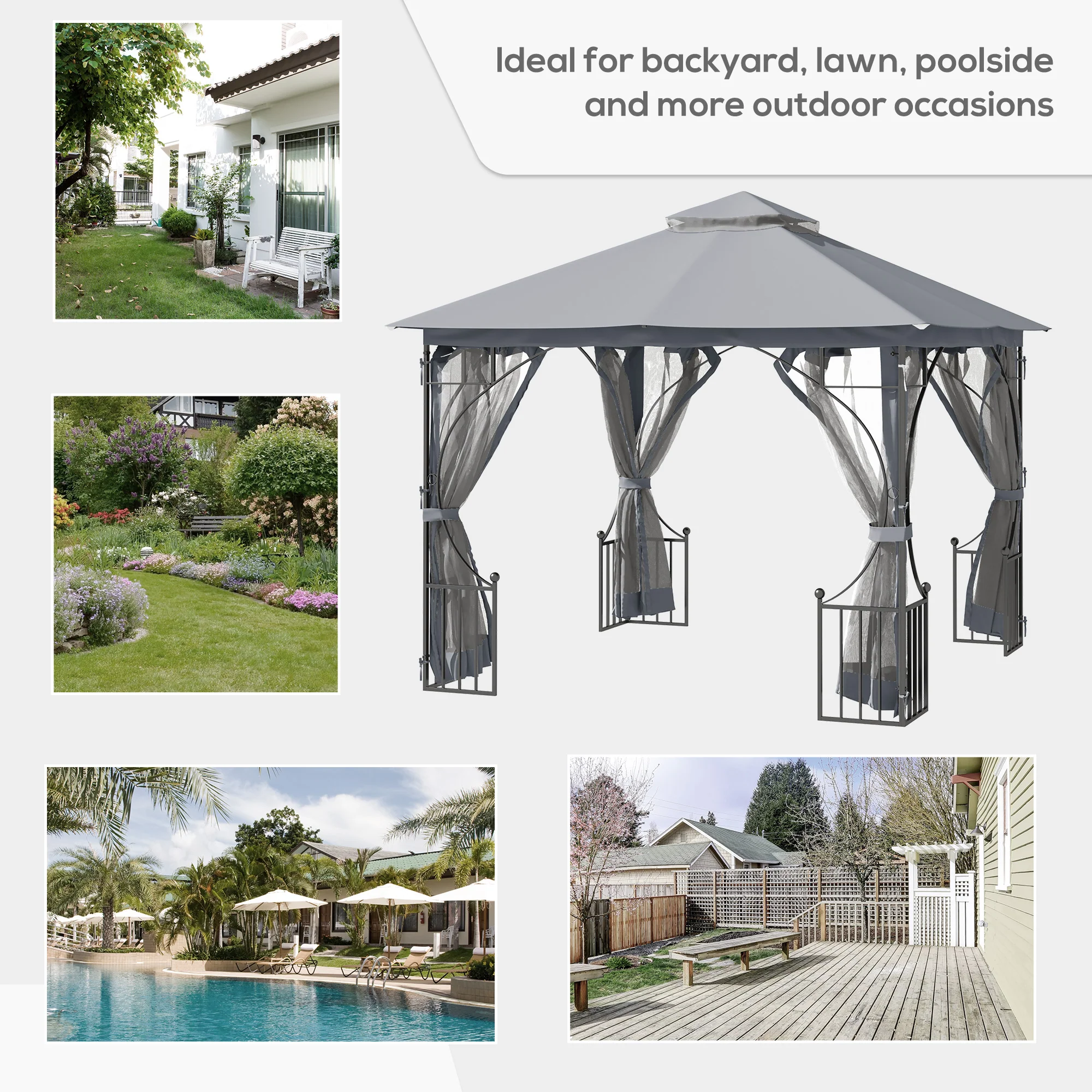 3 x 3m Garden Gazebo Patio Party Tent Shelter Outdoor Canopy Double Tier Sun Shade with Metal Frame and Netting, Light Grey - Image 9