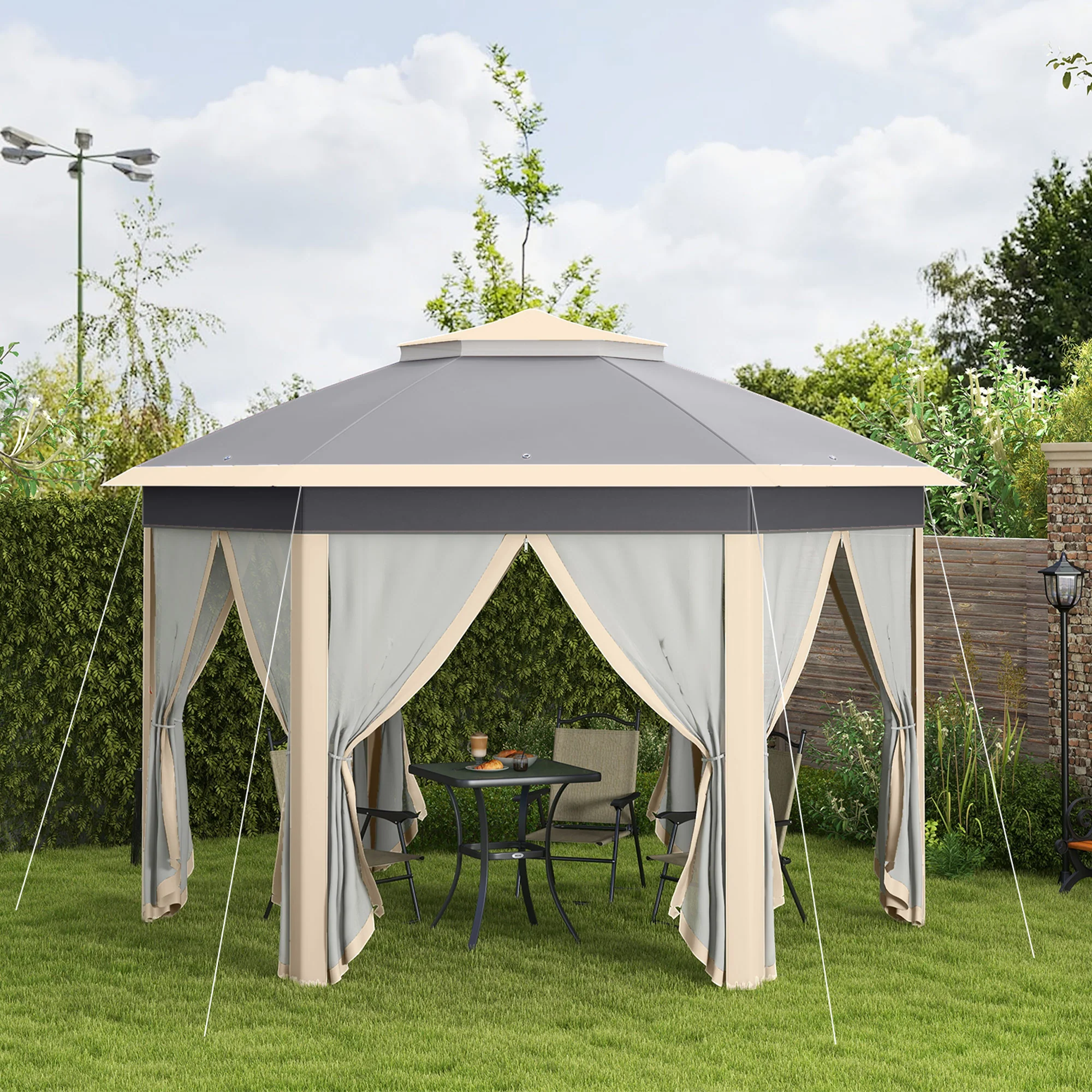 3 x 4m Pop Up Gazebo, Double-roof Garden Tent with Netting & Carry Bag for Patio, Khaki - Image 4