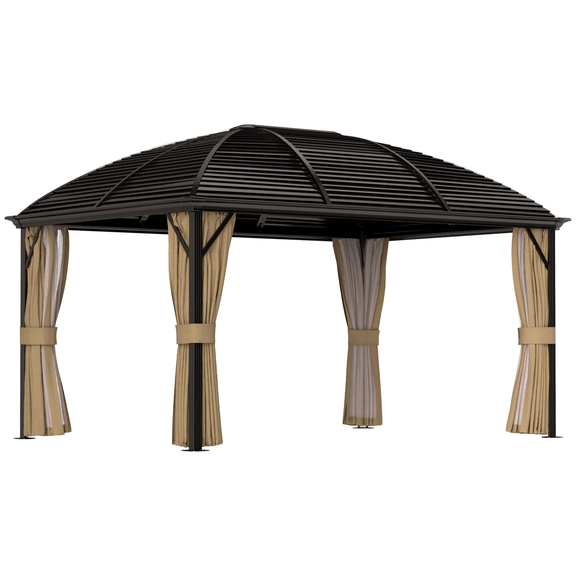 3 x 4m Aluminium Hardtop Gazebo Canopy with Metal Roof, Netting and Curtains, Brown