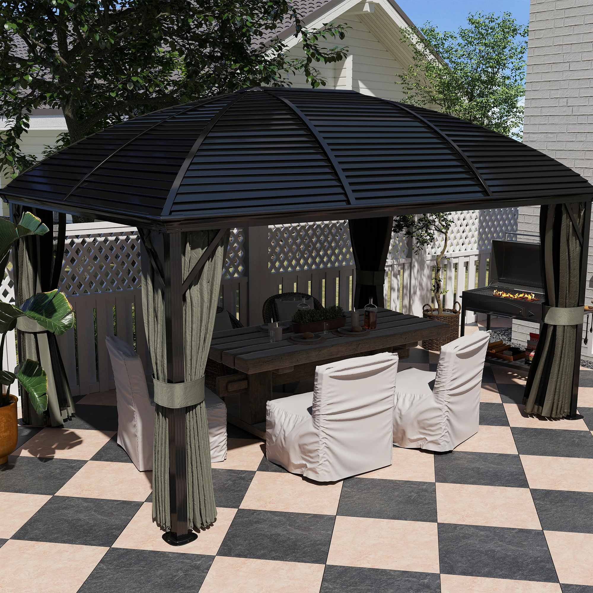 3 x 4m Aluminium Hardtop Gazebo Canopy with Metal Roof, Netting and Curtains, Dark Grey - Image 11