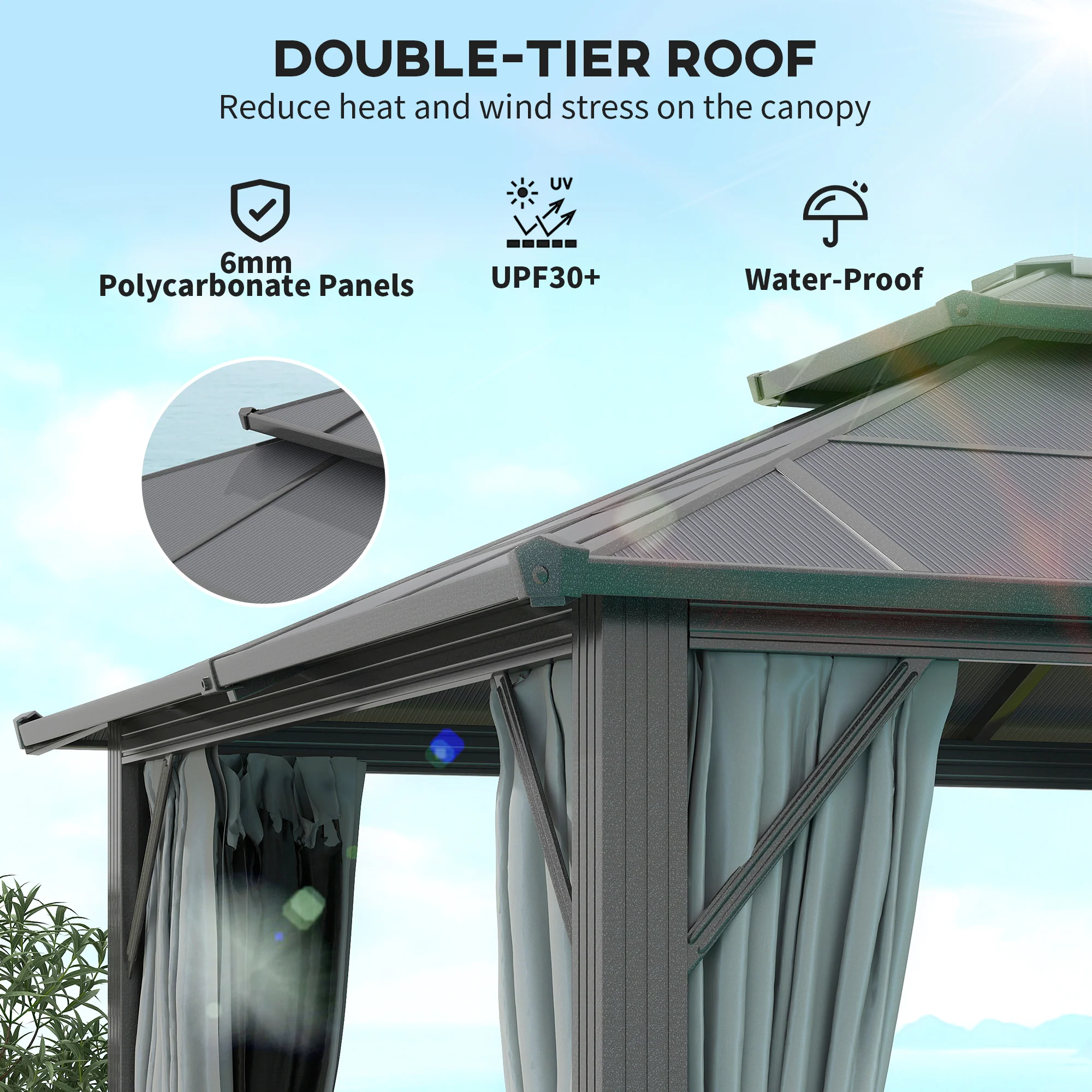 3 x 4m Aluminium Frame Hardtop Gazebo with Double Polycarbonate Roof, Grey - Image 6