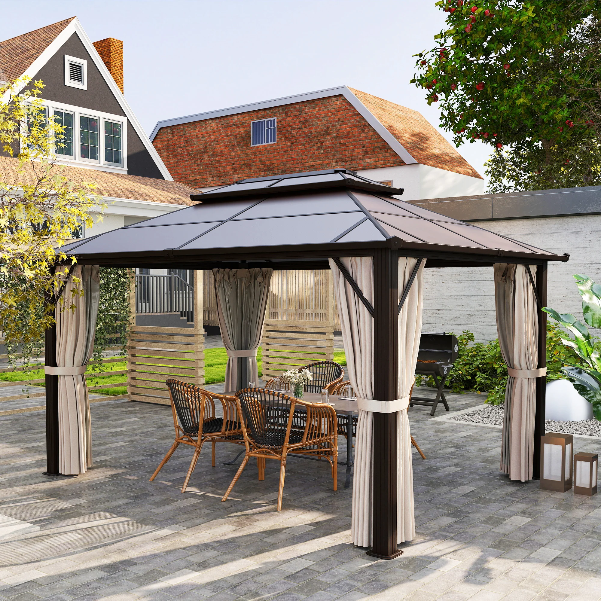 3 x 4m Aluminium Frame Hardtop Gazebo with Double Polycarbonate Roof, Beige - Image 4
