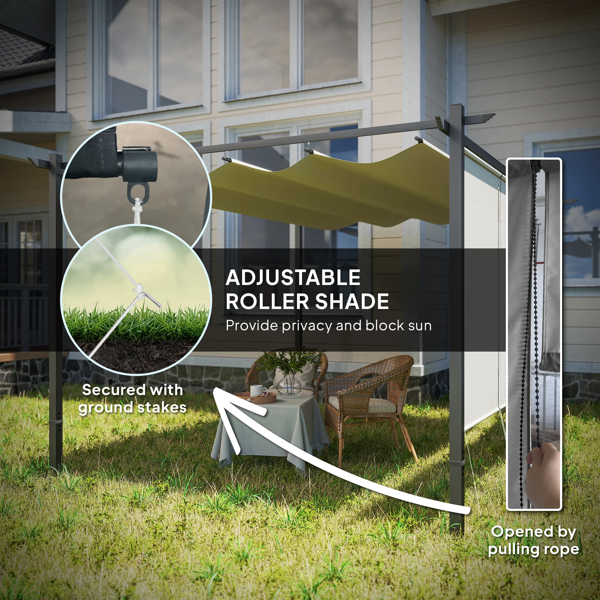 3 x 4m Metal Pergola with Retractable Roof and Roller Shade, Free Standing Gazebo Canopy Pergola Kit, UPF30+ Outdoor Sun Shelter, Beige - Image 7