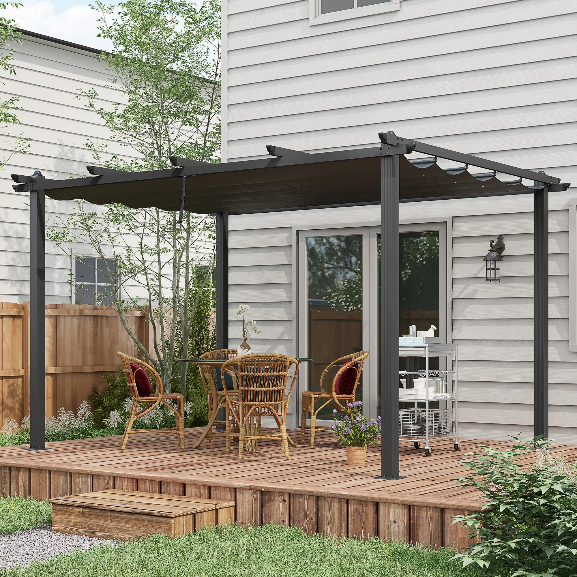 3 x 4m Pergola with Retractable Roof Canopy & Aluminium Frame for Grill, Patio, Deck, Dark Grey - Image 4
