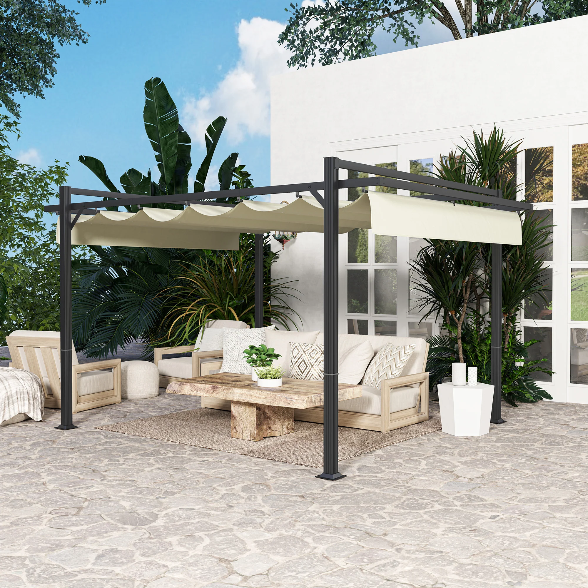 3 x 4m Pergola with Retractable Roof Canopy & Aluminium Frame for Grill, Patio, Deck, Khaki - Image 10