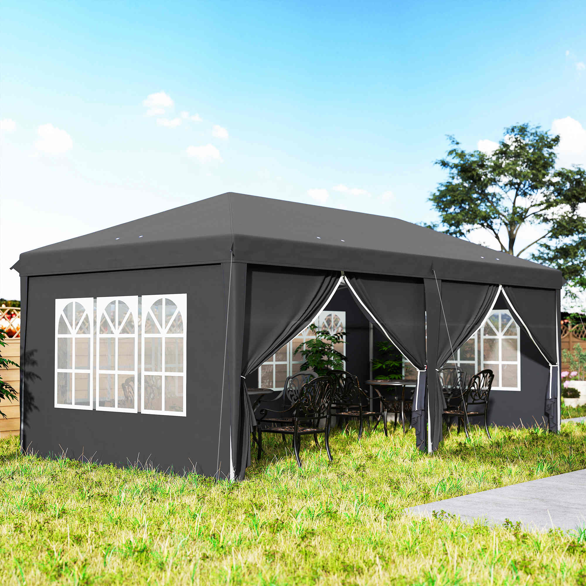 3 x 6m Garden Pop Up Gazebo, Wedding Party Tent with Sidewalls, Windows, Carry Bag, Grey - Image 11