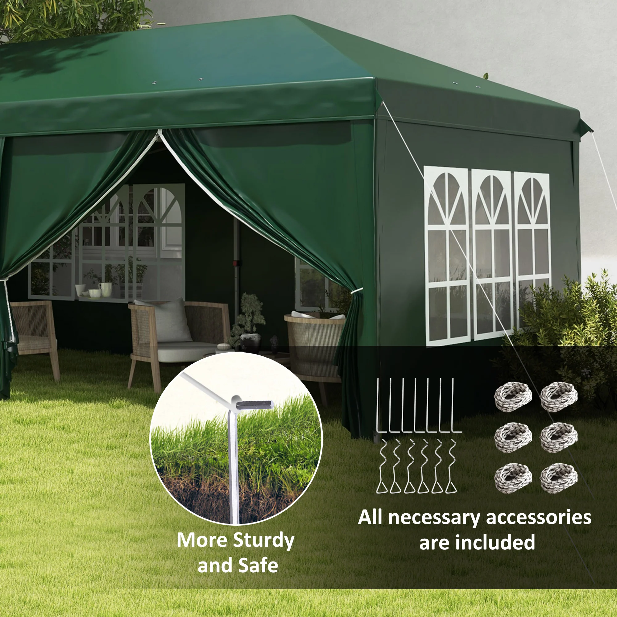 3 x 6m Garden Pop Up Gazebo, Wedding Party Tent with Sidewalls, Windows, Carry Bag, Green - Image 8