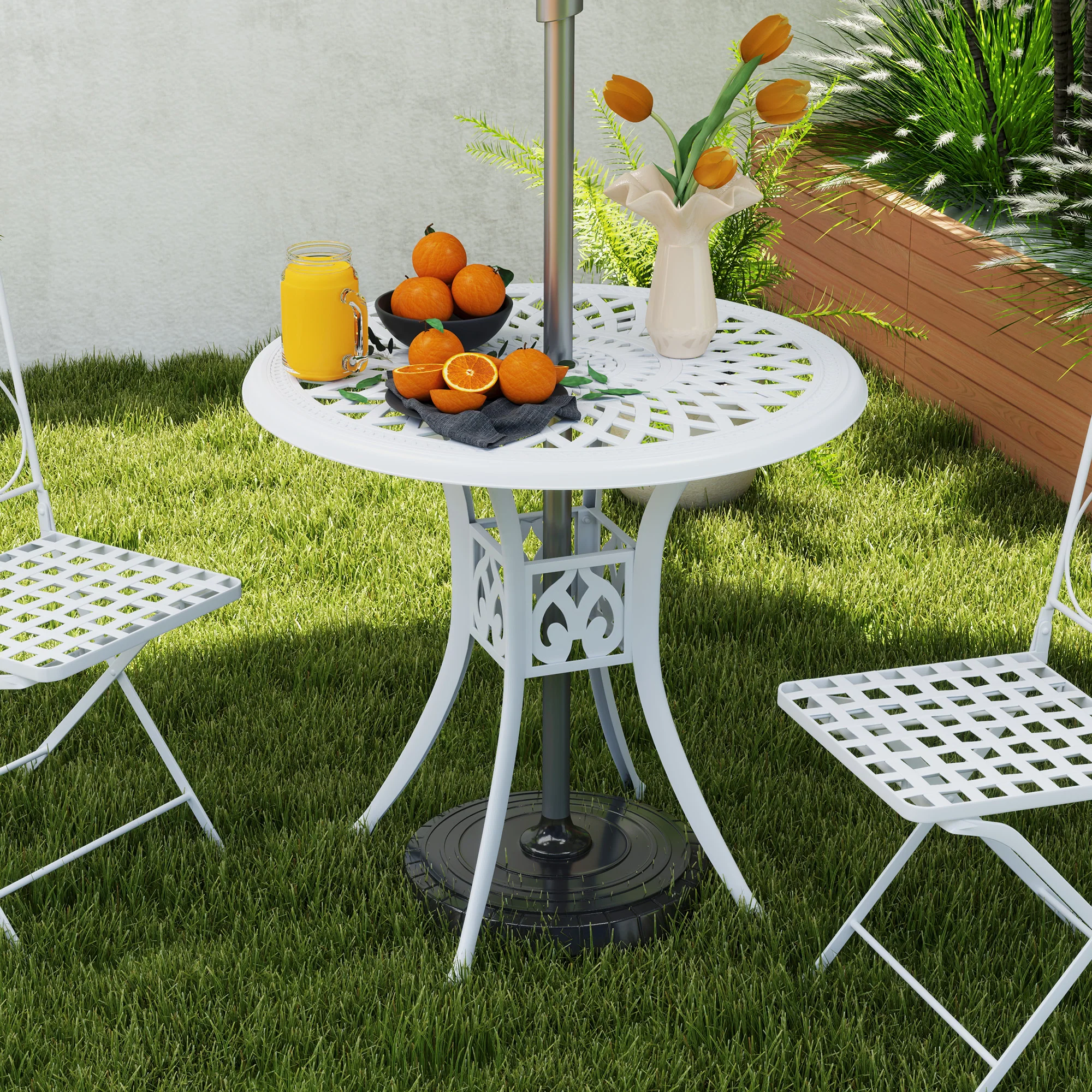 30-inch Round Patio Dining Table with Umbrella Hole Cast Aluminium Outdoor Bistro Table Only, White - Image 4
