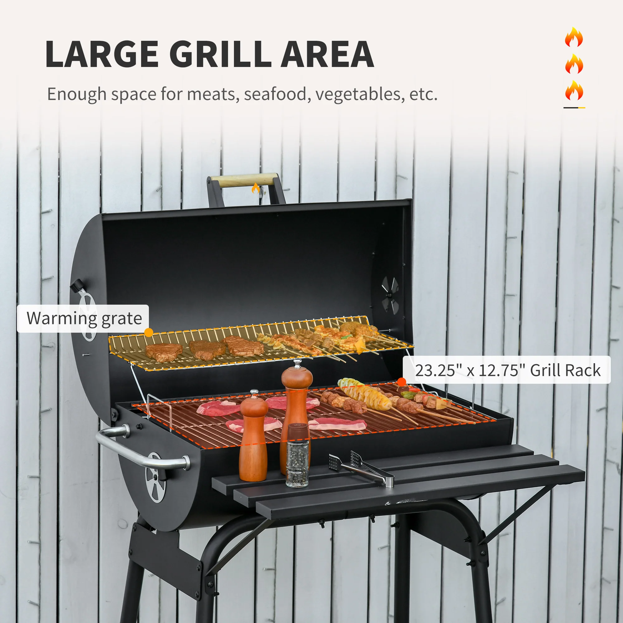 30" Barrel Charcoal Grill with 370 sq.in Cooking Space, Storage Shelf and Wheels, Black - Image 6