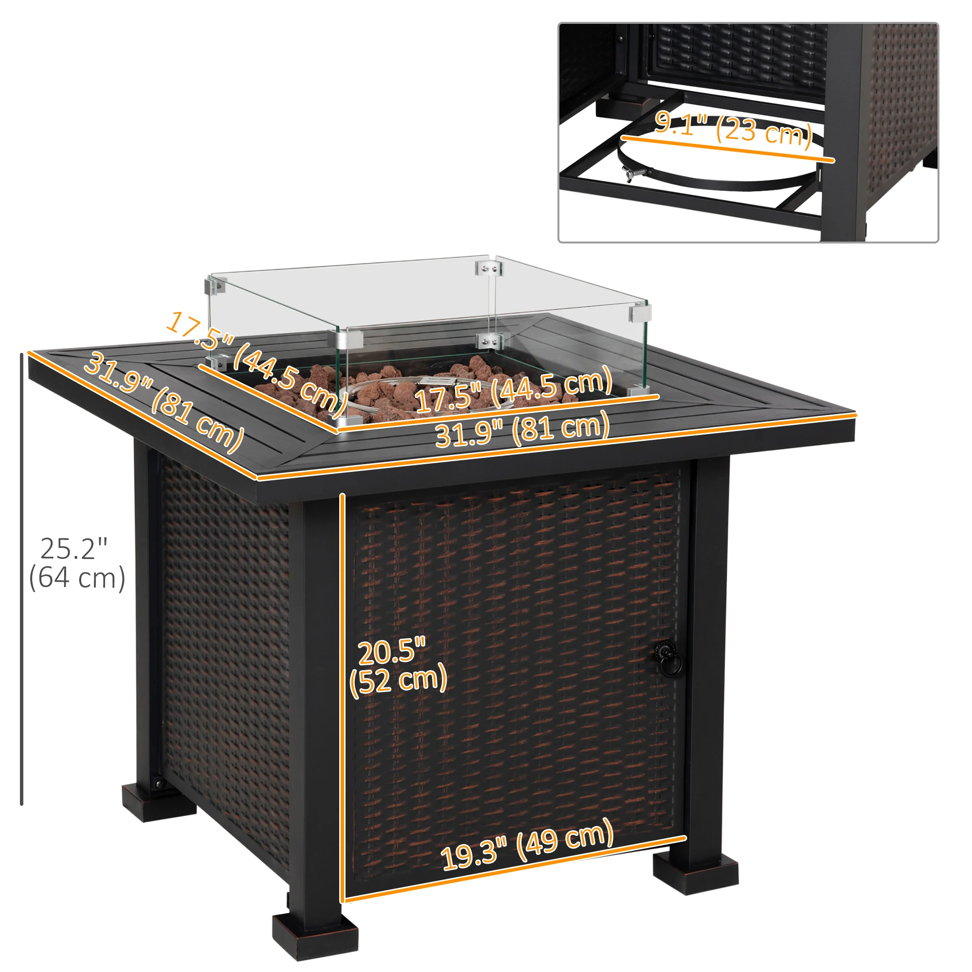 32" Propane Gas Firepit Table with 50,000 BTU Burner, Glass Wind Guard & Lava Rocks, Black - Image 5