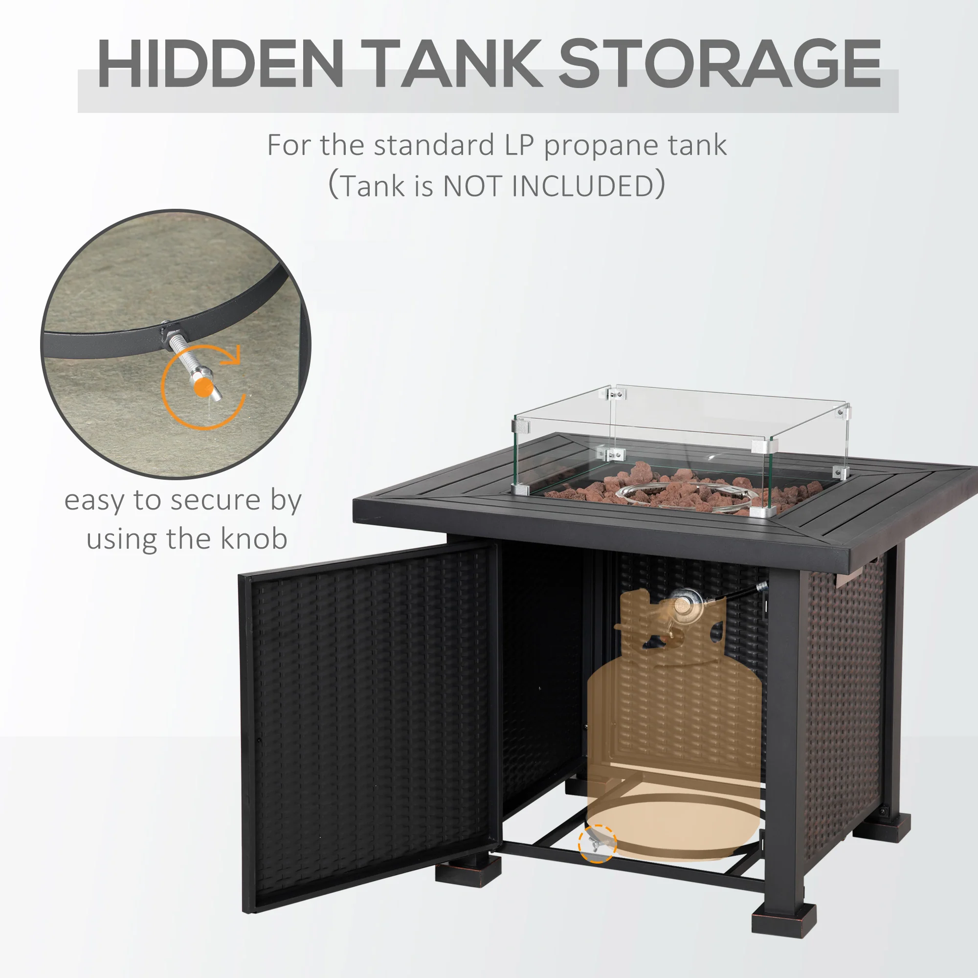 32" Propane Gas Firepit Table with 50,000 BTU Burner, Glass Wind Guard & Lava Rocks, Black - Image 7