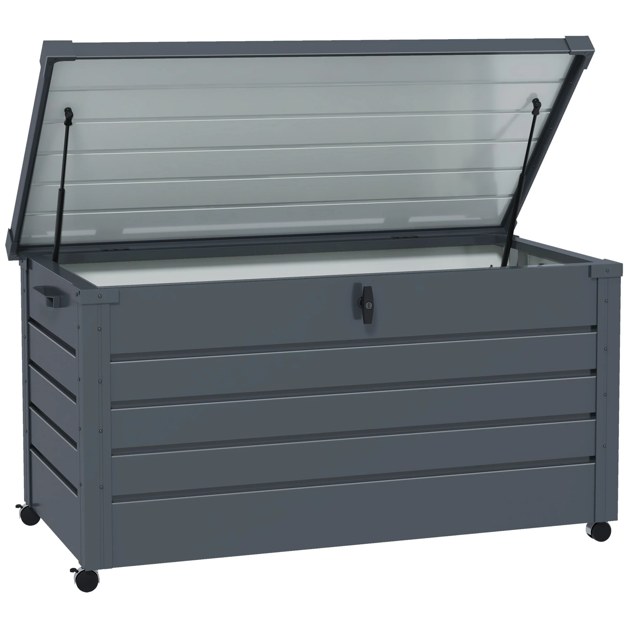 331L Outdoor Storage Box, Lockable Metal Storage Box with Wheels & Handles, Dark Grey - Image 12
