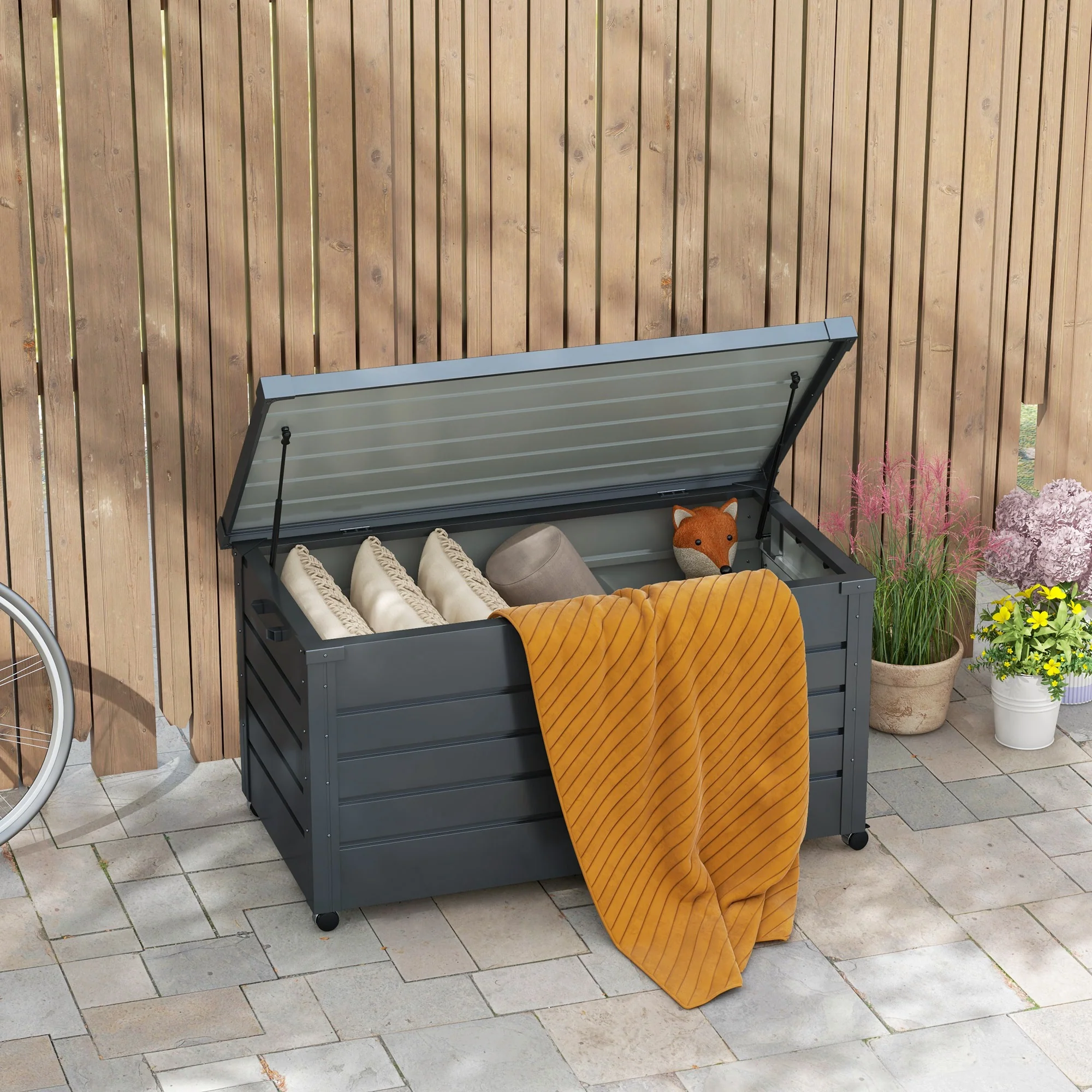 331L Outdoor Storage Box, Lockable Metal Storage Box with Wheels & Handles, Dark Grey - Image 4