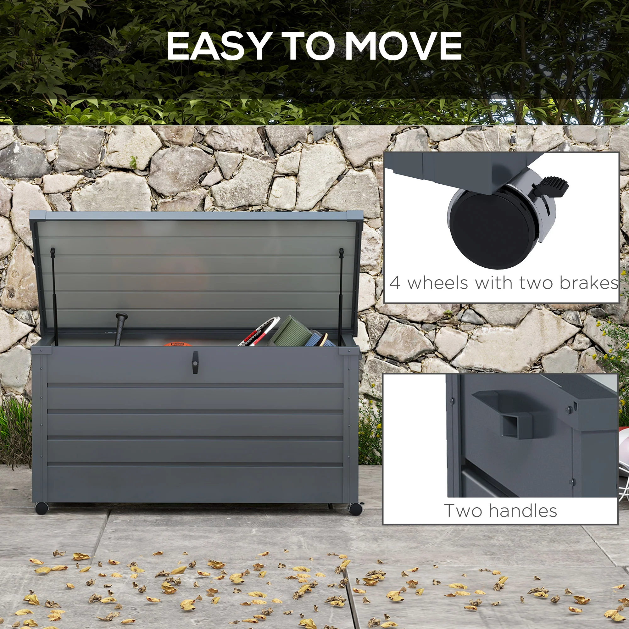 331L Outdoor Storage Box, Lockable Metal Storage Box with Wheels & Handles, Dark Grey - Image 6