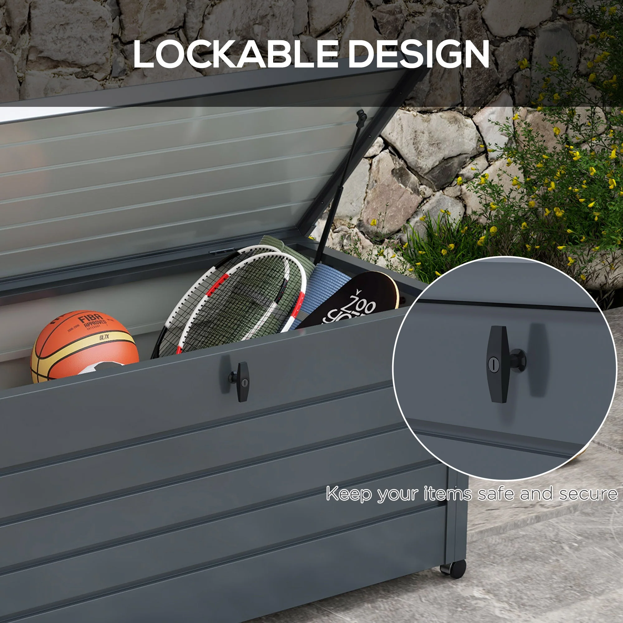331L Outdoor Storage Box, Lockable Metal Storage Box with Wheels & Handles, Dark Grey - Image 9