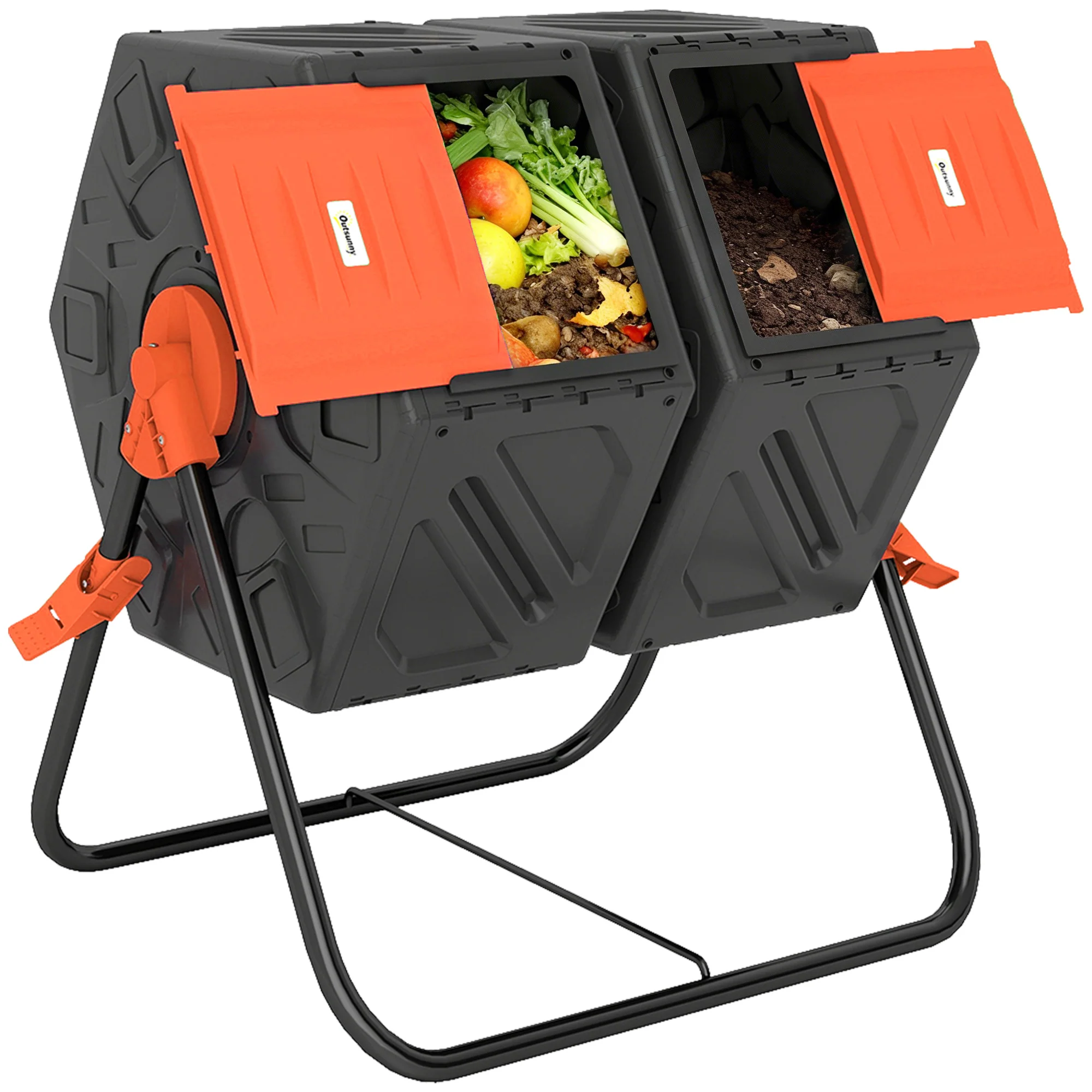 Rotating Composter, Dual Chamber Compost Bin with 24 Vents and Steel Legs, 34.5 Gallon, Orange - Image 12