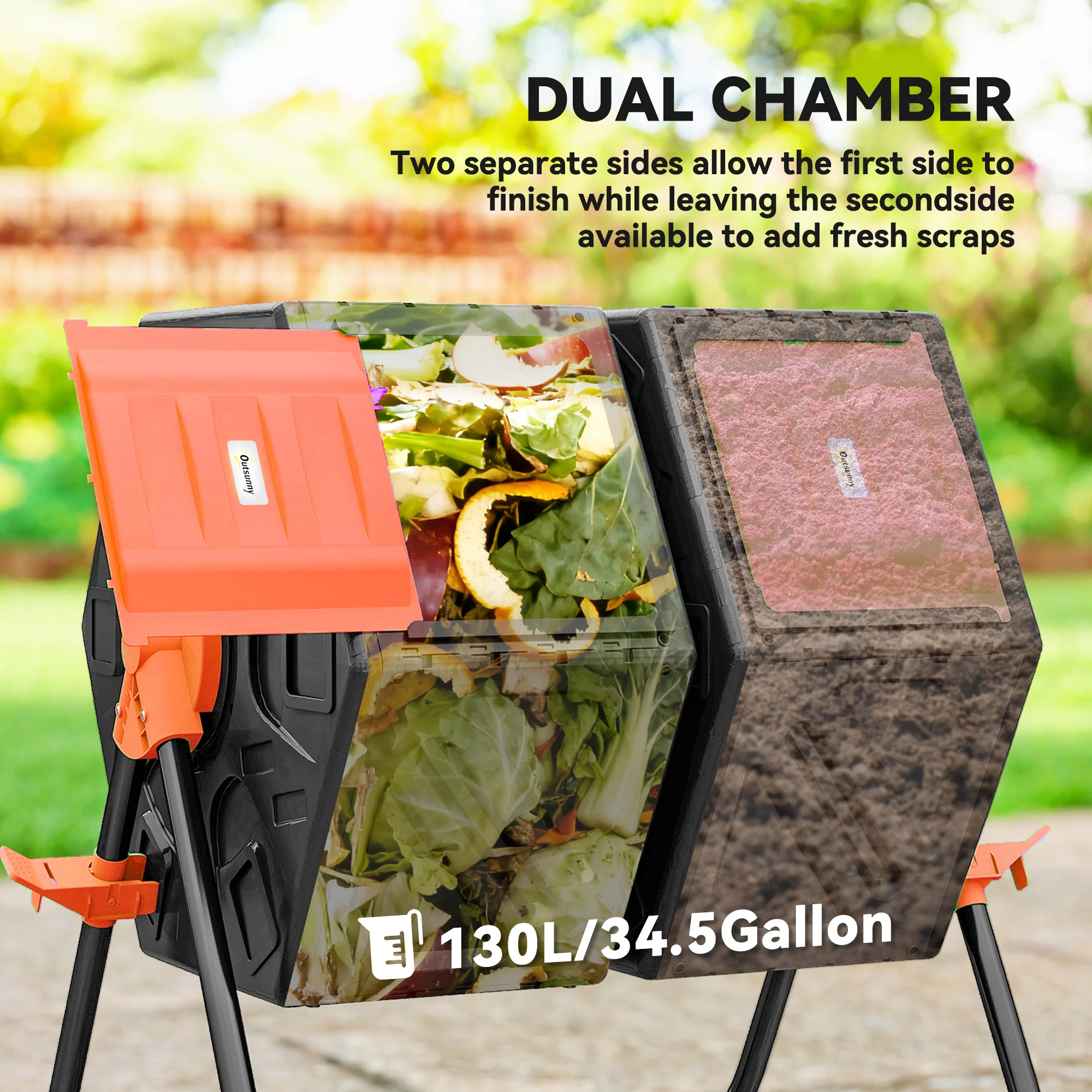 Rotating Composter, Dual Chamber Compost Bin with 24 Vents and Steel Legs, 34.5 Gallon, Orange - Image 6
