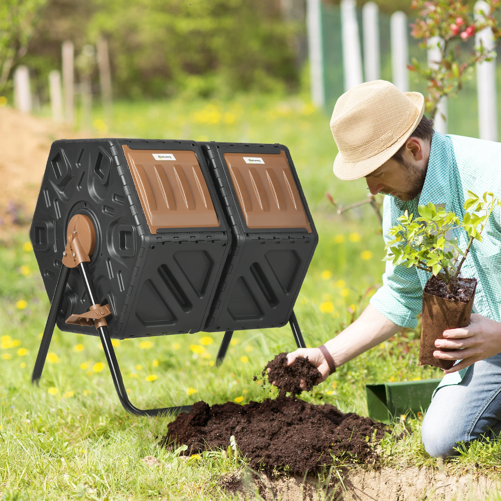 34.5 Gallon Dual Chamber Compost Tumbler with Steel Legs, Brown - Image 3