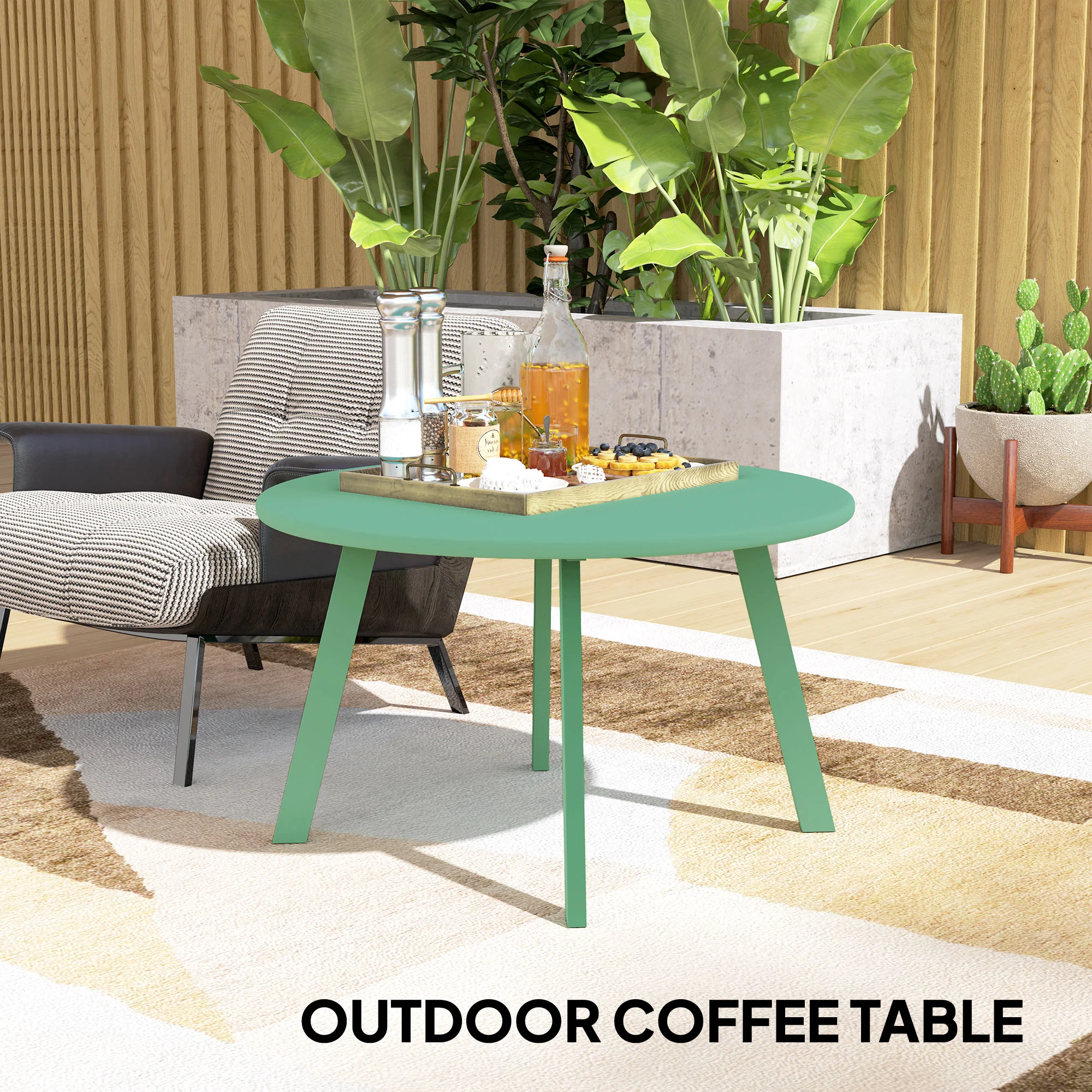 Round Outdoor Side Table, Patio Coffee Table with Metal Frame and Non-Slip Foot Pads, Green - Image 10