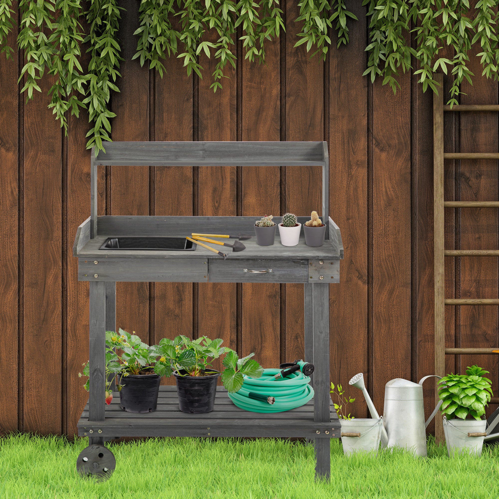 36" Wooden Potting Bench with Sink & Removable Wheels, Gray - Image 4