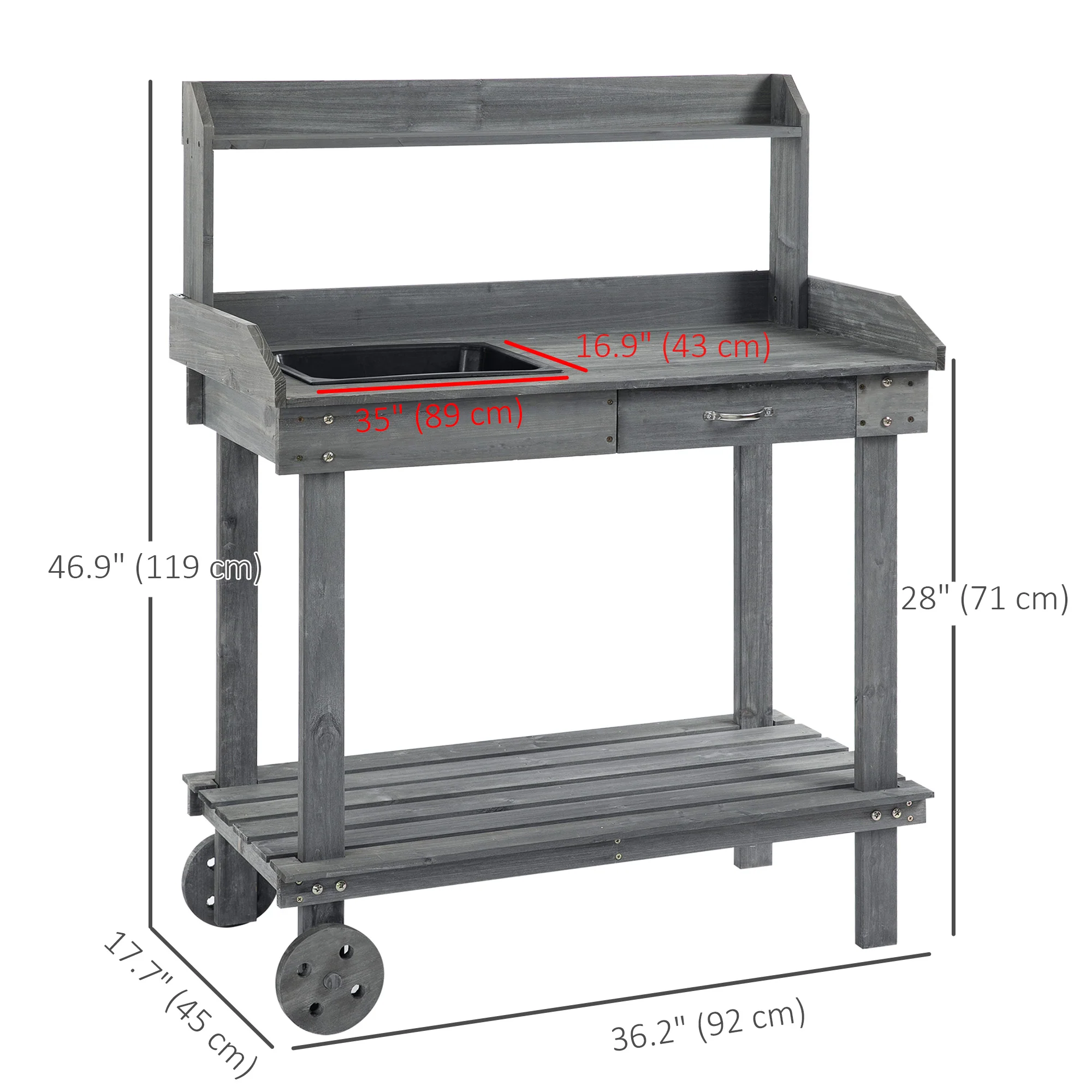 36" Wooden Potting Bench with Sink & Removable Wheels, Gray - Image 5