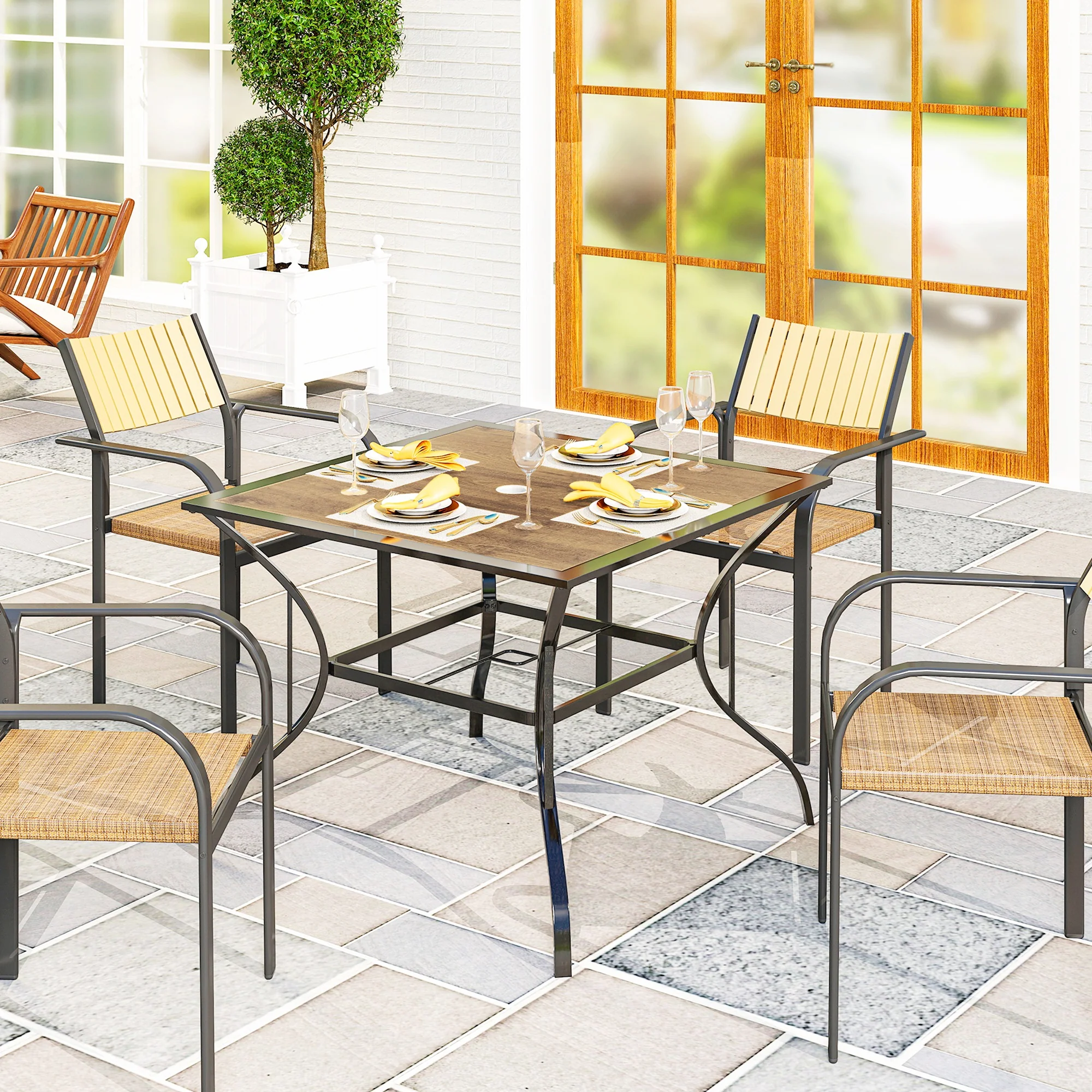 37" Garden Outdoor Dining Table for 4, Square Patio Table with Umbrella Hole, Mixed Brown - Image 3