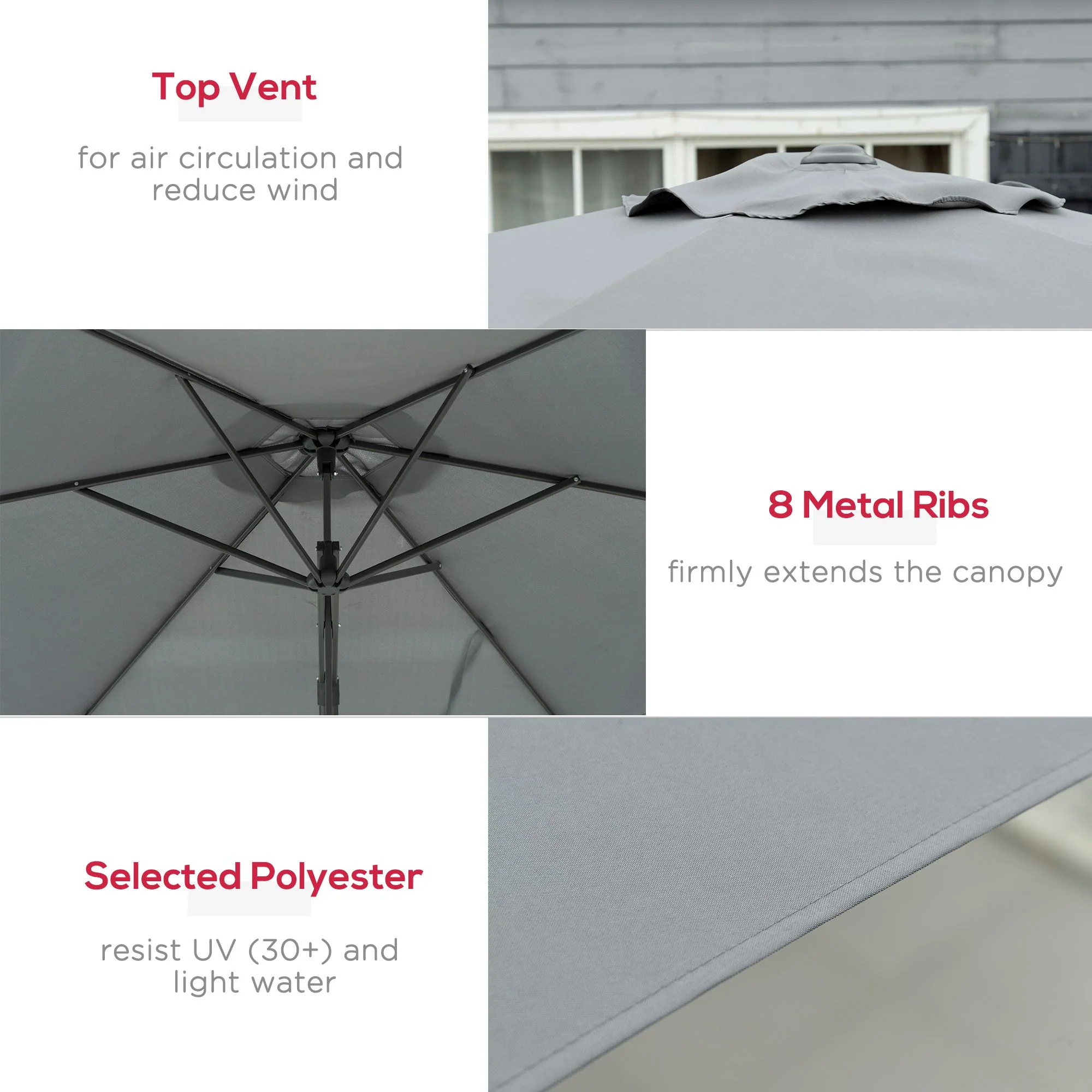 3m Offset Patio Cantilever Umbrella with Crank Handle, Base, 6 Metal Ribs, Grey - Image 7