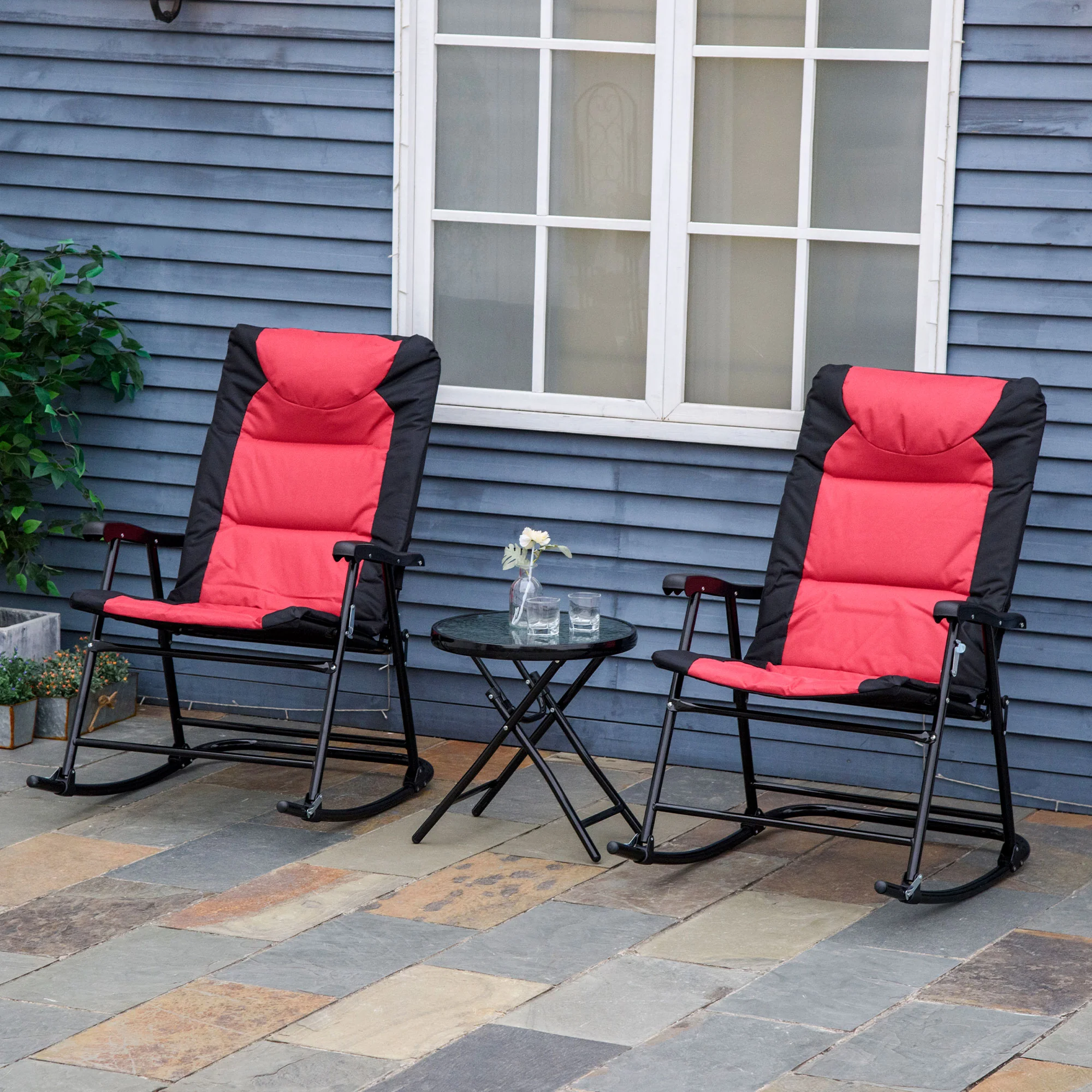 3pc Patio Foldable Rocking Chair Set, Outdoor Rocking Chairs and Table Bistro Set, Red - Image 3