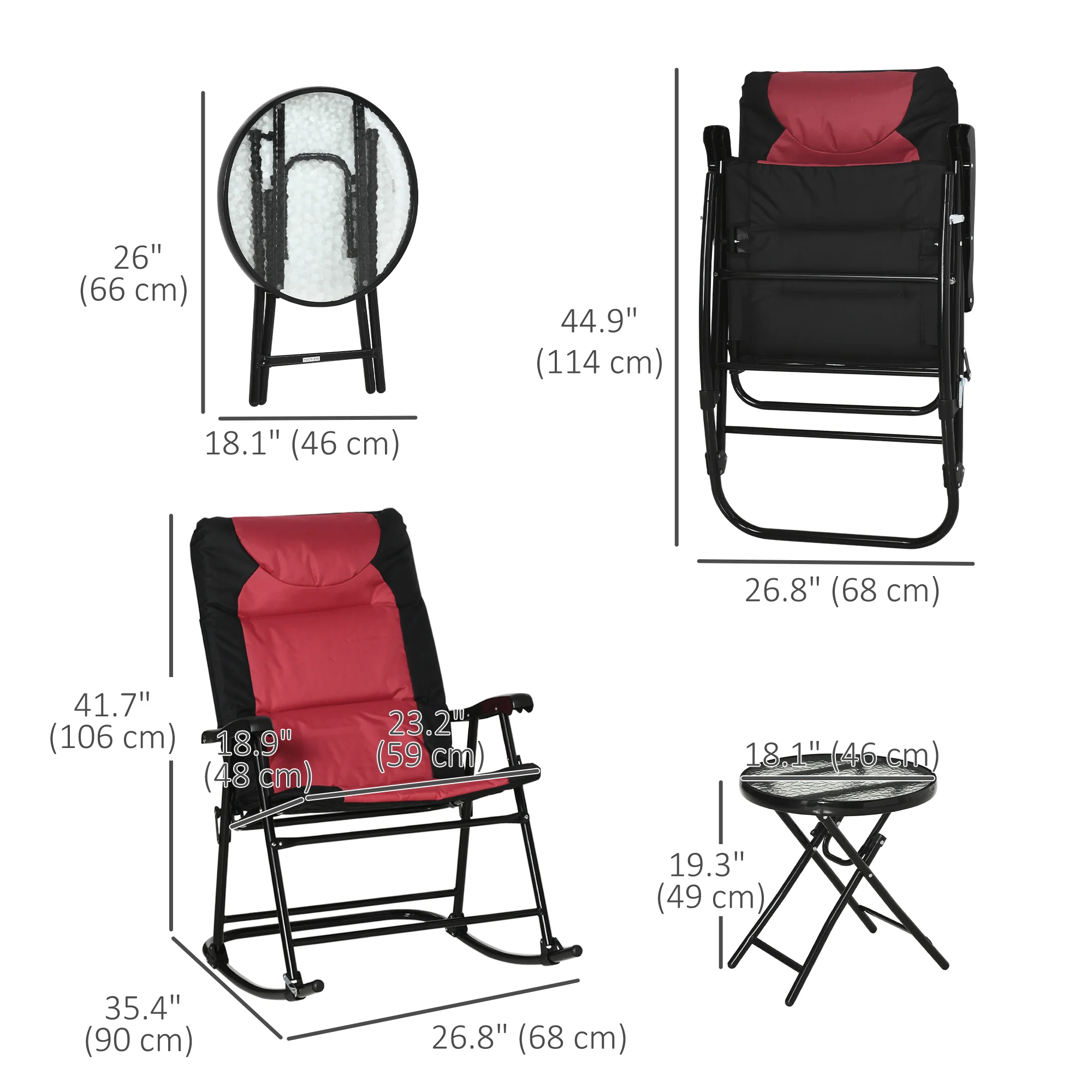 3pc Patio Foldable Rocking Chair Set, Outdoor Rocking Chairs and Table Bistro Set, Red - Image 5