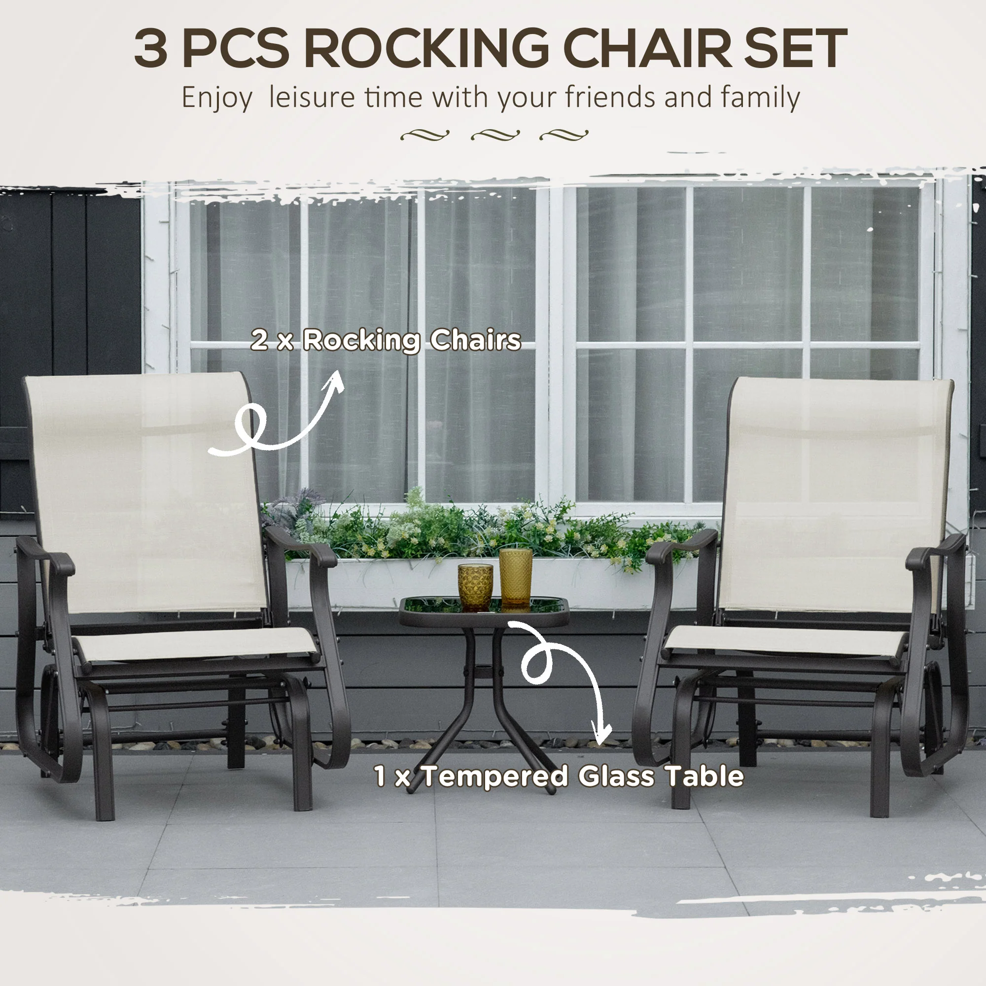 3 Piece Gliding Rocking Chair w/ Mesh Seat & Bistro Tea Table w/ Glass Top, Cream White - Image 6