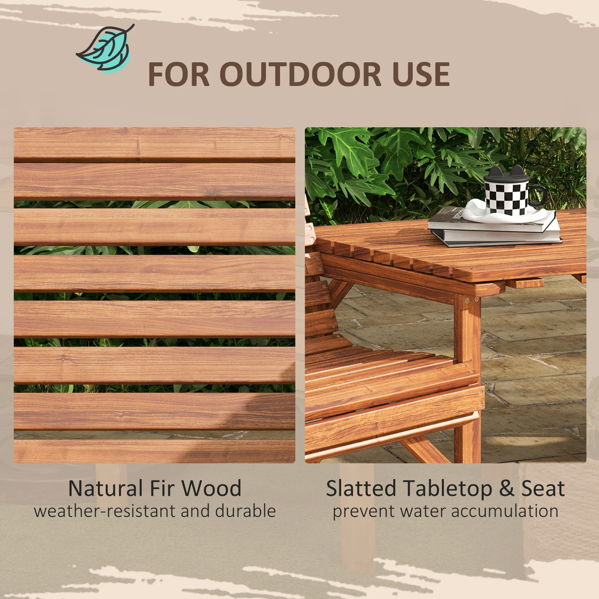 3Pcs Outdoor Bench Set, Wooden Garden Seat & Side Table with ¦µ6cm Umbrella Hole, Tan - Image 9
