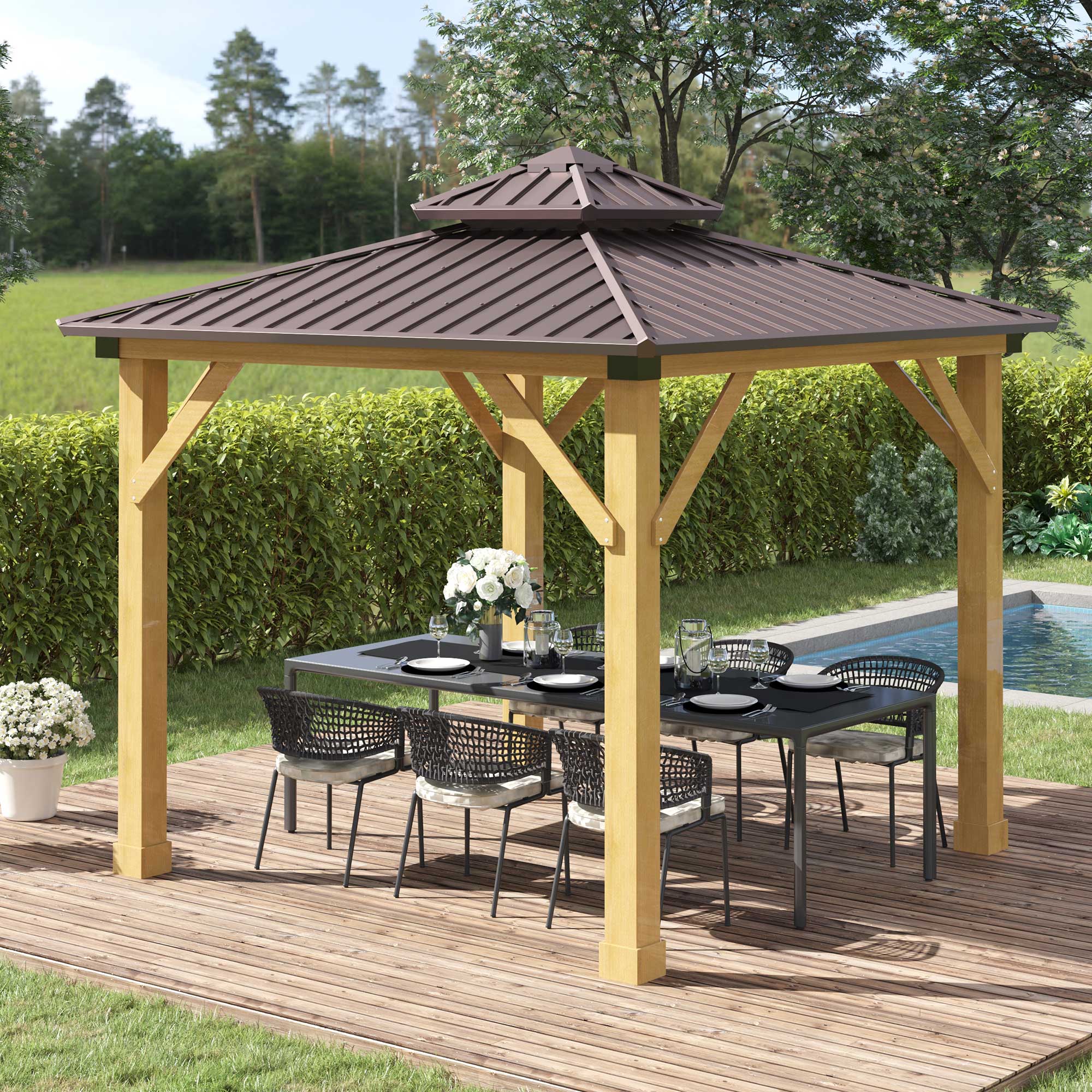 3 x 3m Hardtop Gazebo Canopy with 2-Tier Roof and Solid Wood Frame for Patio, Garden, Brown - Image 4