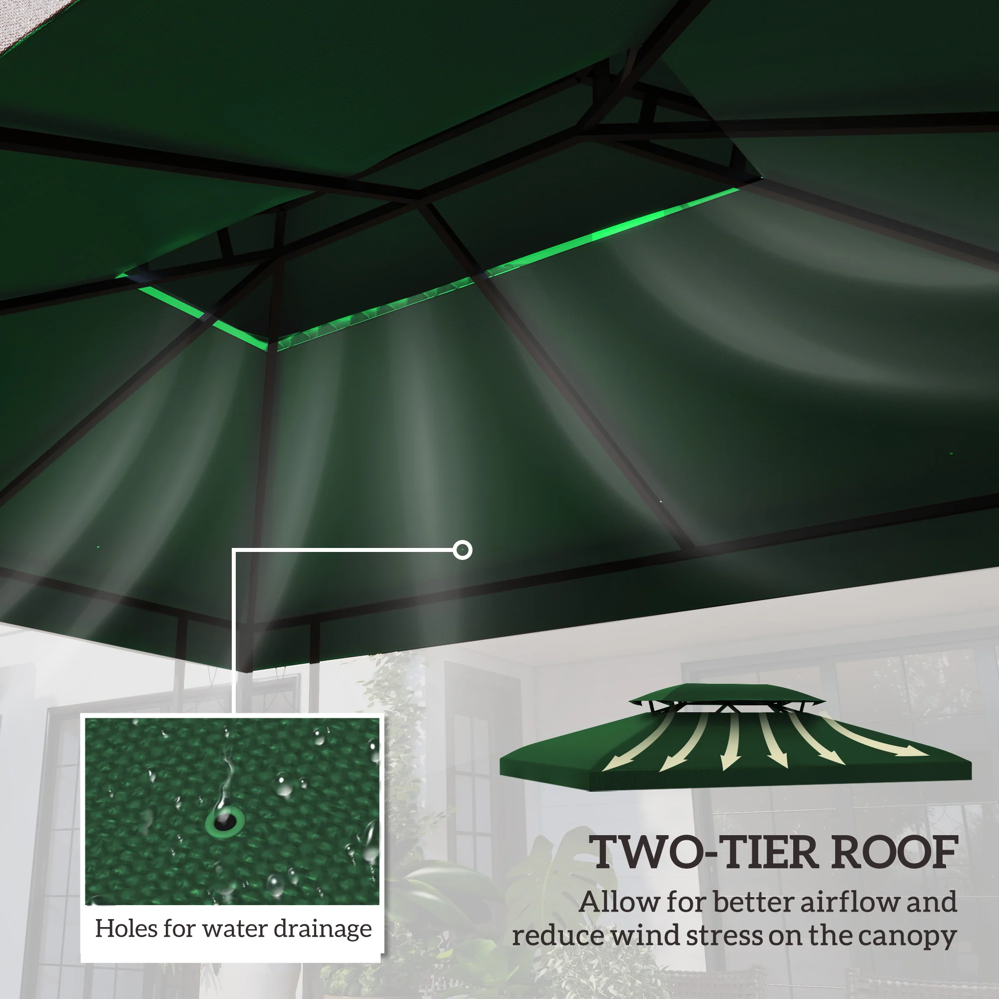 3 x 4m Gazebo Canopy Replacement Cover, 2 Tier Top Roof UV Cover, Green - Image 6