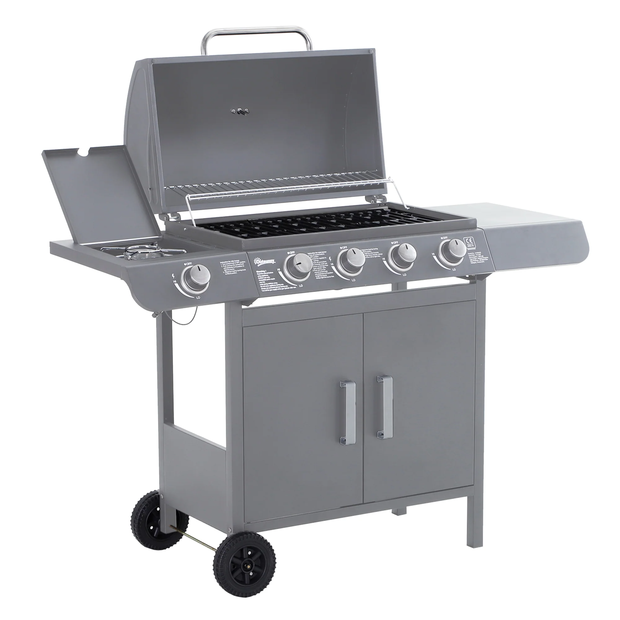 4+1 Burner Gas BBQ Gril with Side Burner, Warming Rack & Thermometer, 125 x 51 x 100cm, Grey