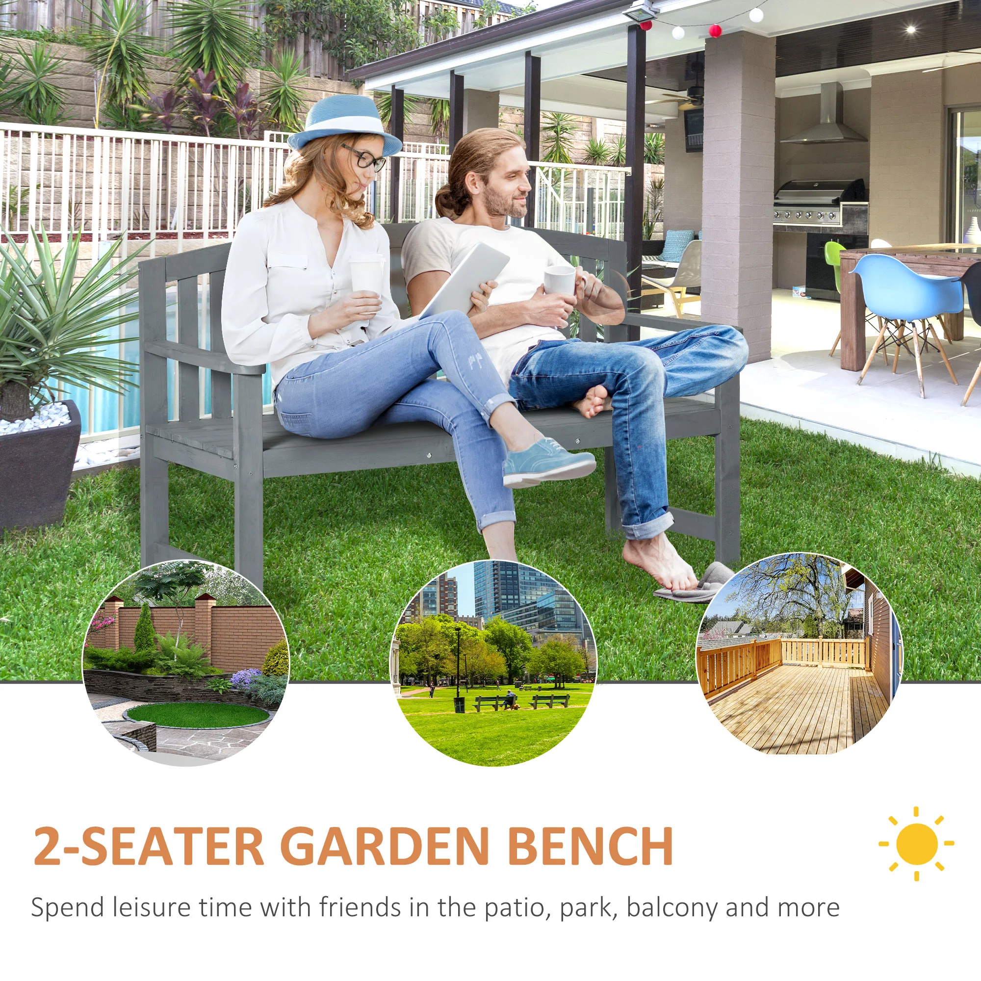 4.7Ft Garden Bench, 2 Seater Outdoor Patio Seat with Slatted Design for Park, Grey - Image 6