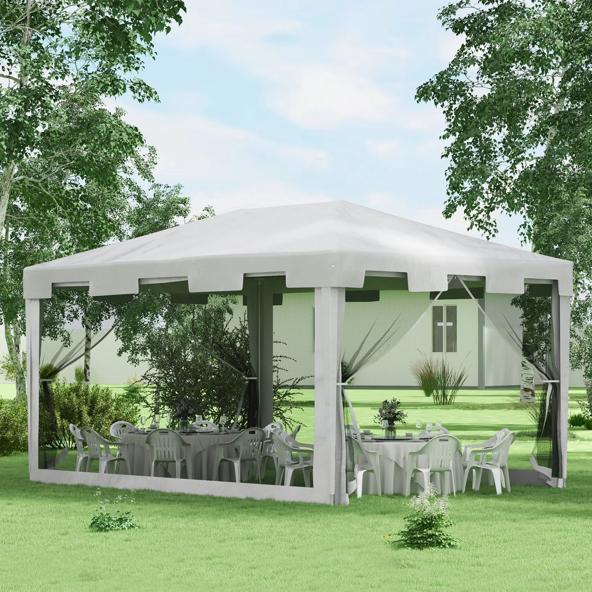 4 x 3 m Gazebo Canopy Party Tent with Mesh Sidewalls for Outdoor Event, White - Image 3