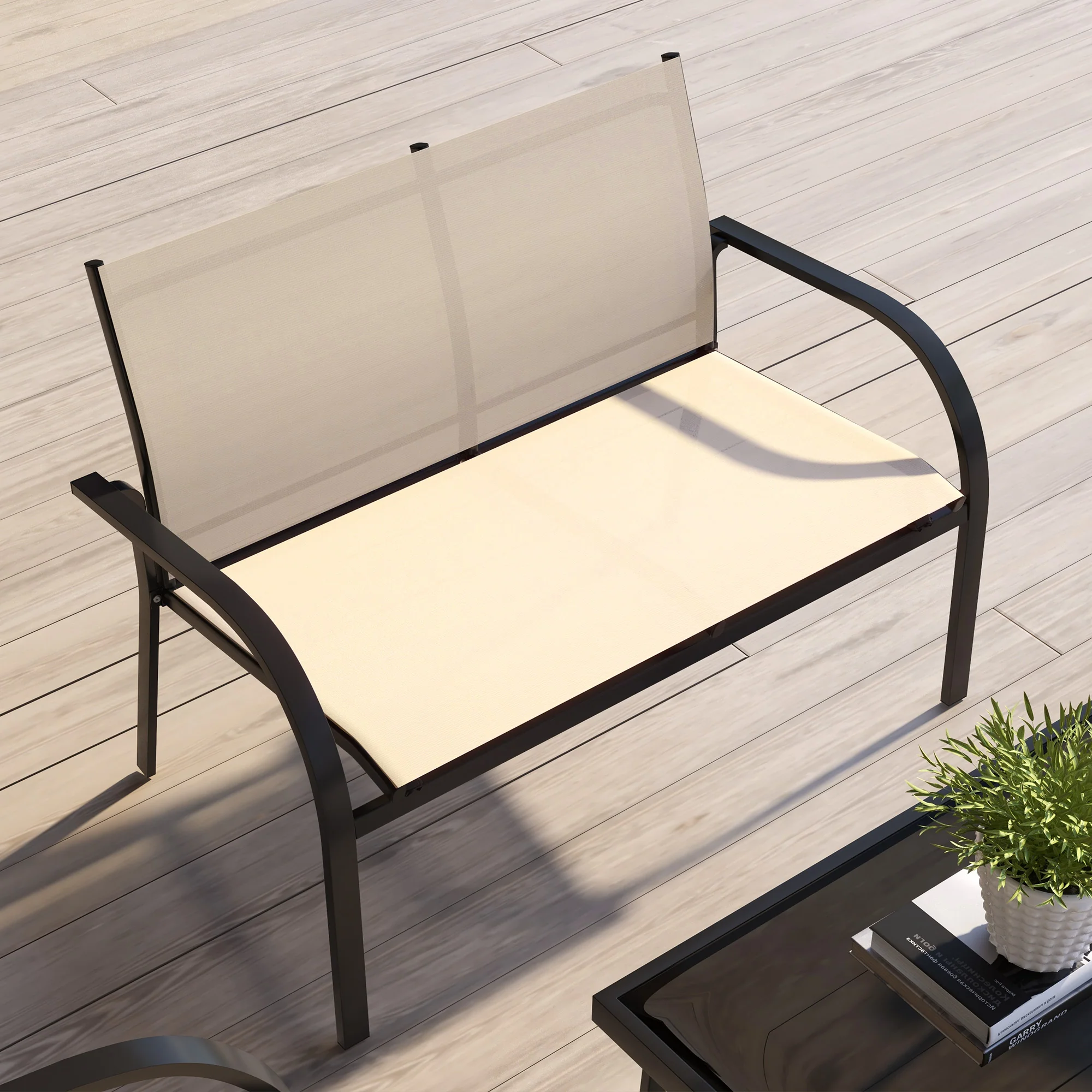 4 Pcs Curved Steel Outdoor Furniture Set w/ Loveseat, 2 Texteline Seats & Table, Beige - Image 10