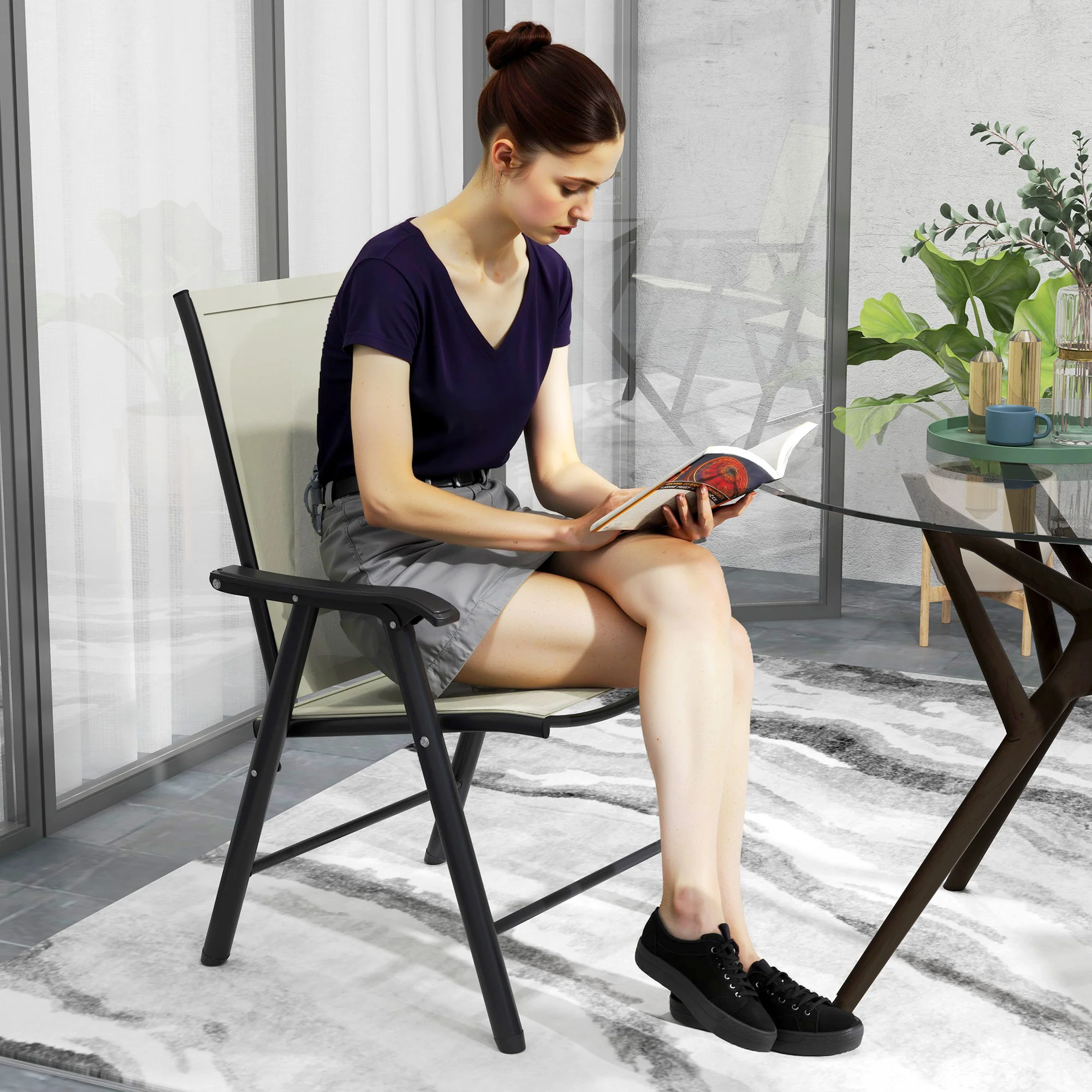 4-Piece Folding Chair Set, Outdoor Furniture Set with Mesh Fabric & Armrests, Beige - Image 10