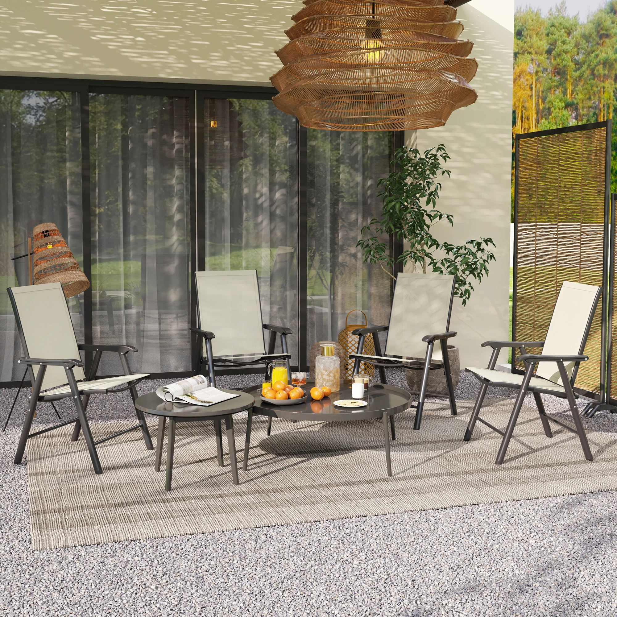 4-Piece Folding Chair Set, Outdoor Furniture Set with Mesh Fabric & Armrests, Beige - Image 4