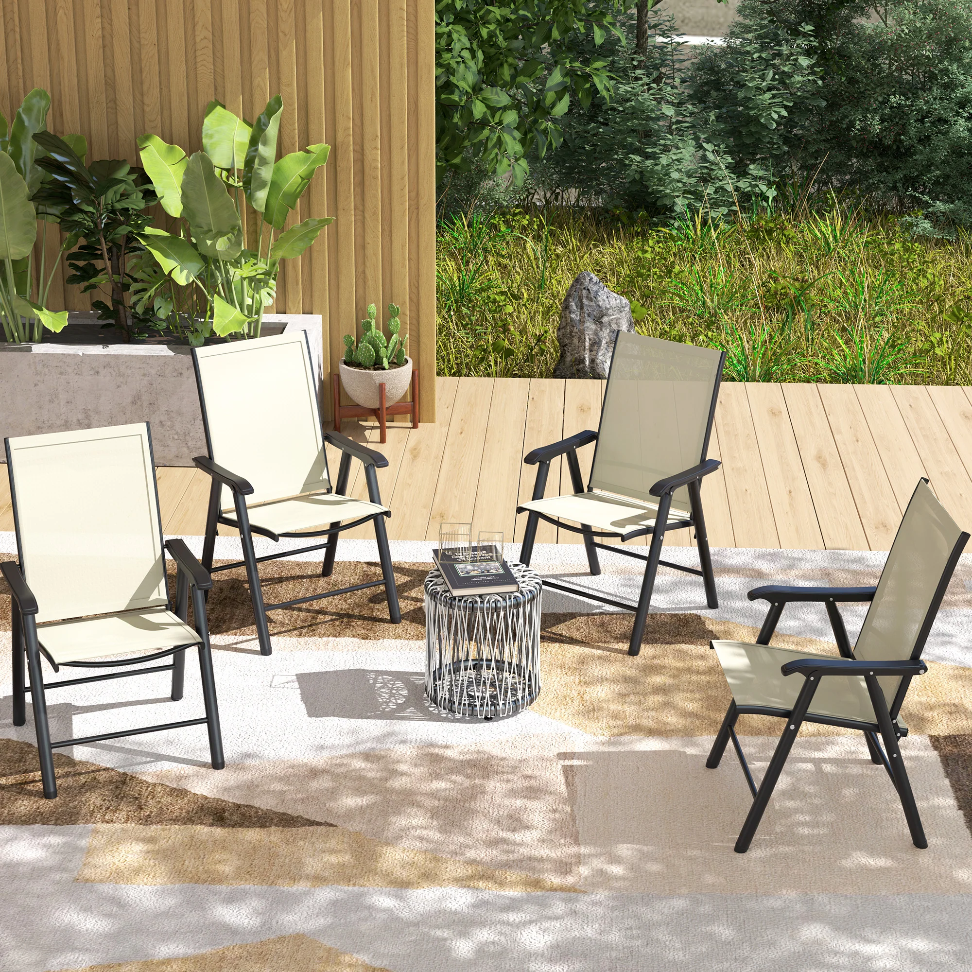 4-Piece Folding Chair Set, Outdoor Furniture Set with Mesh Fabric & Armrests, Beige - Image 9