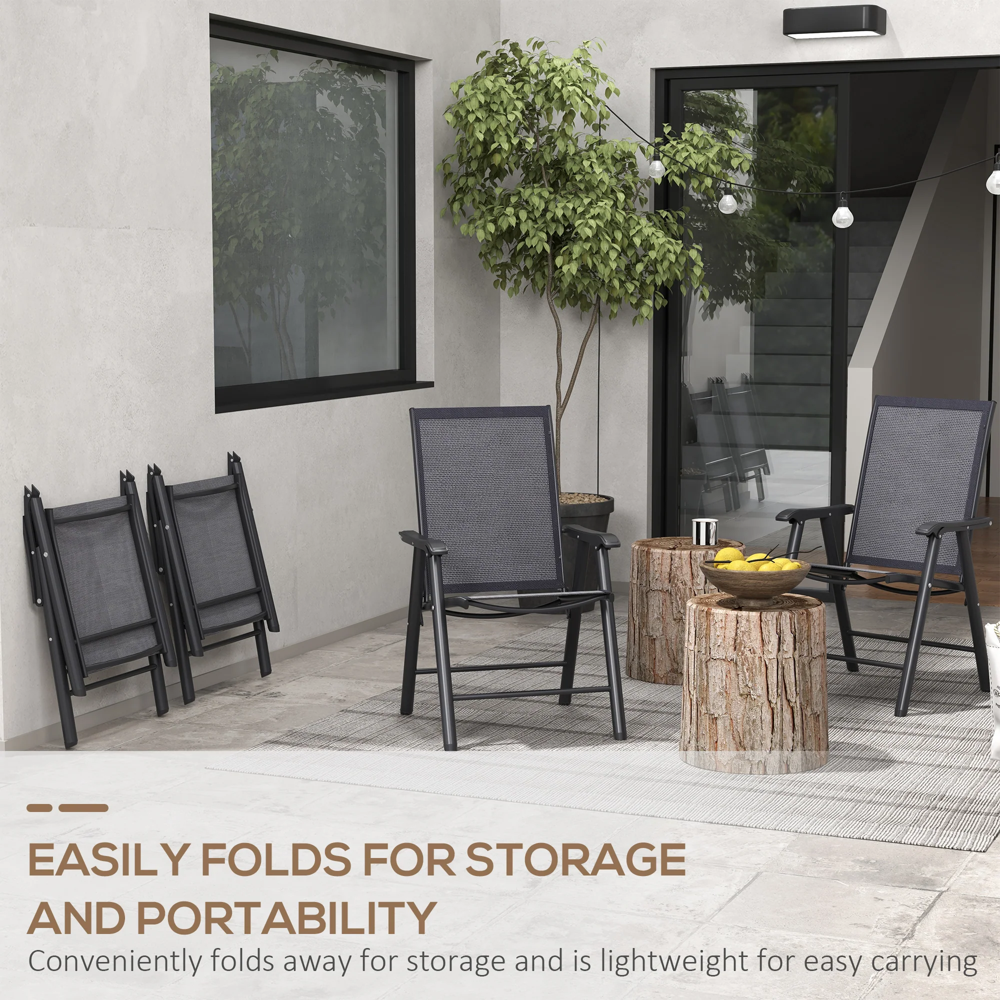 4-Piece Folding Chair Set, Outdoor Furniture Set with Mesh Fabric & Armrests, Dark Grey - Image 7