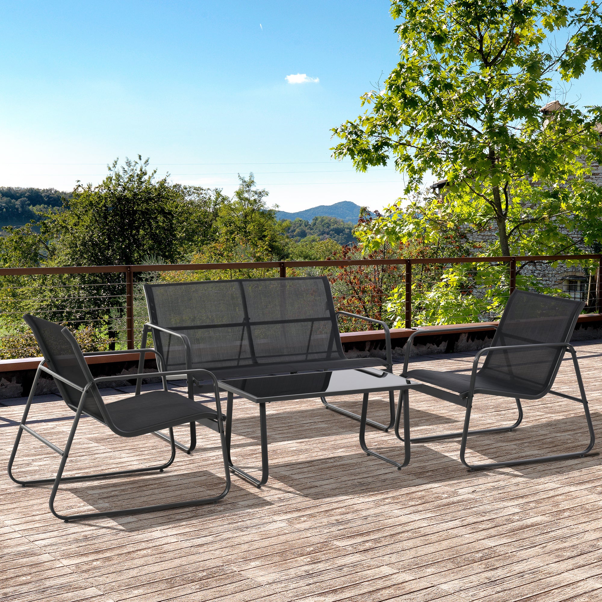 4 Piece Outdoor Patio Sofa Set with Loveseat, Single Chairs & Glass Top Table, Black - Image 3