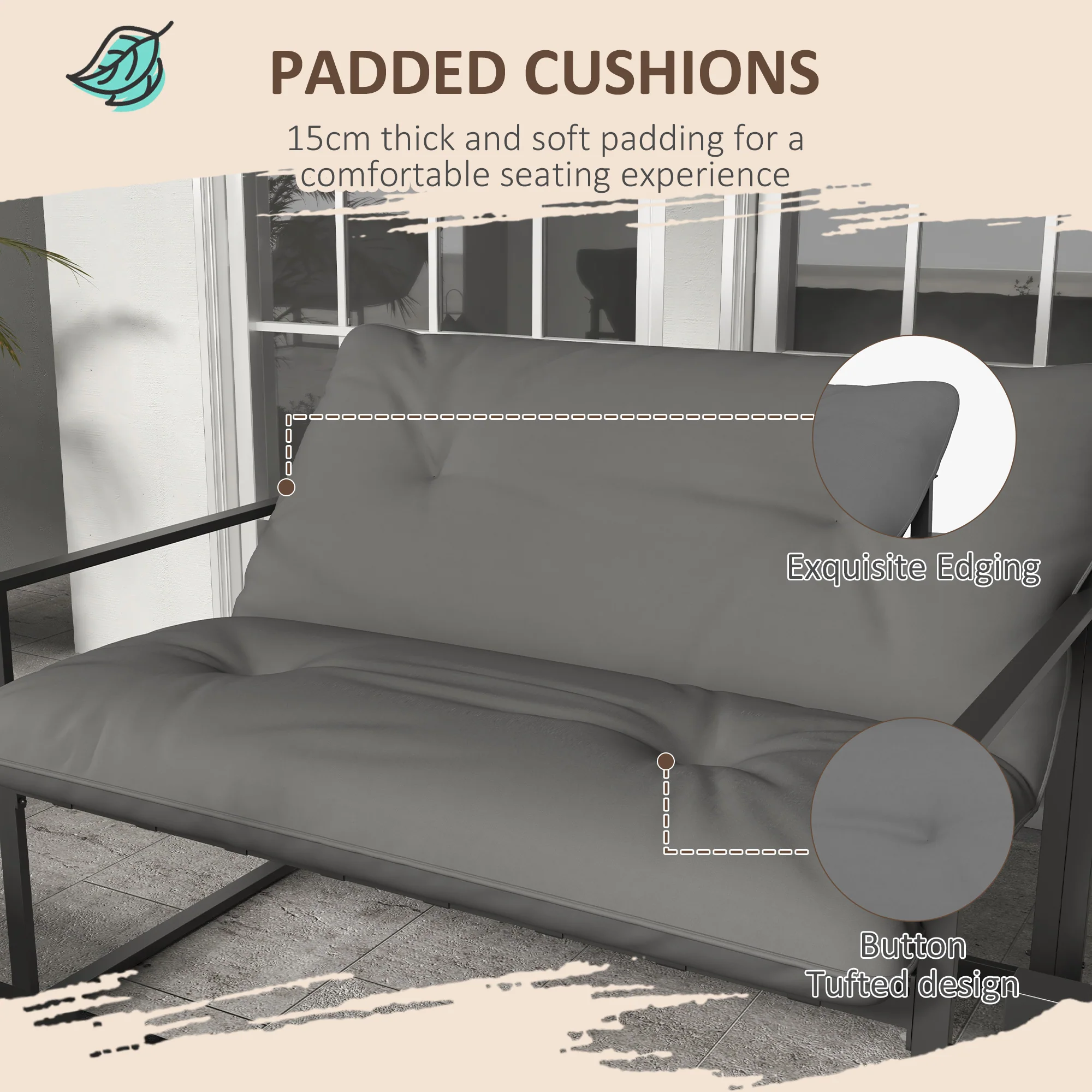 4 Pieces Steel Frame Garden Sofa Set w/ Loveseat, 2 Armchairs & Coffee Table, Grey - Image 6