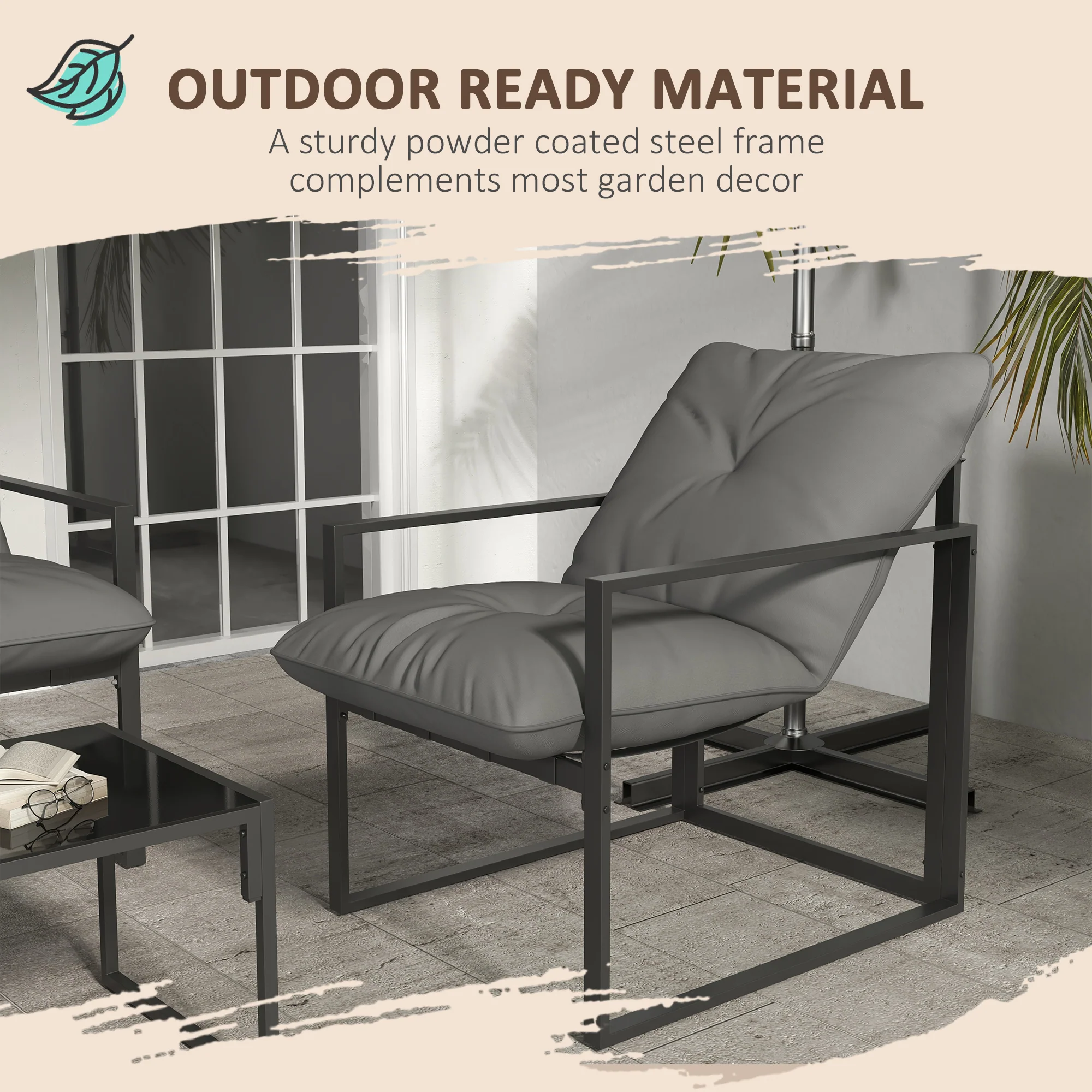 4 Pieces Steel Frame Garden Sofa Set w/ Loveseat, 2 Armchairs & Coffee Table, Grey - Image 8