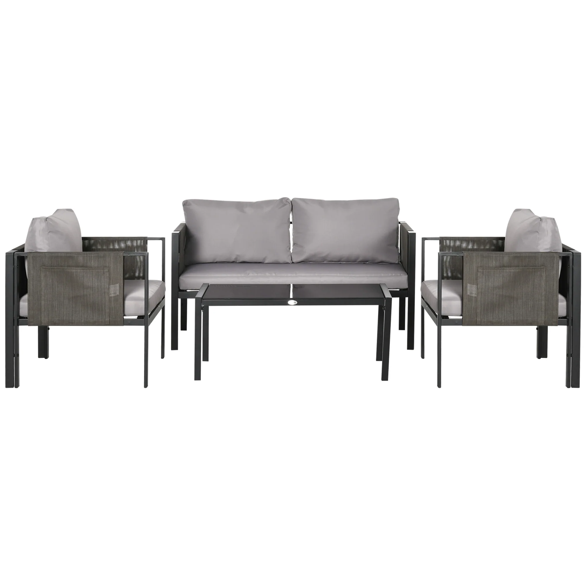 4 Pieces Garden Furniture Set w/ Loveseat, Glass Table, 2 Armchairs & Pocket, Light Grey - Image 2