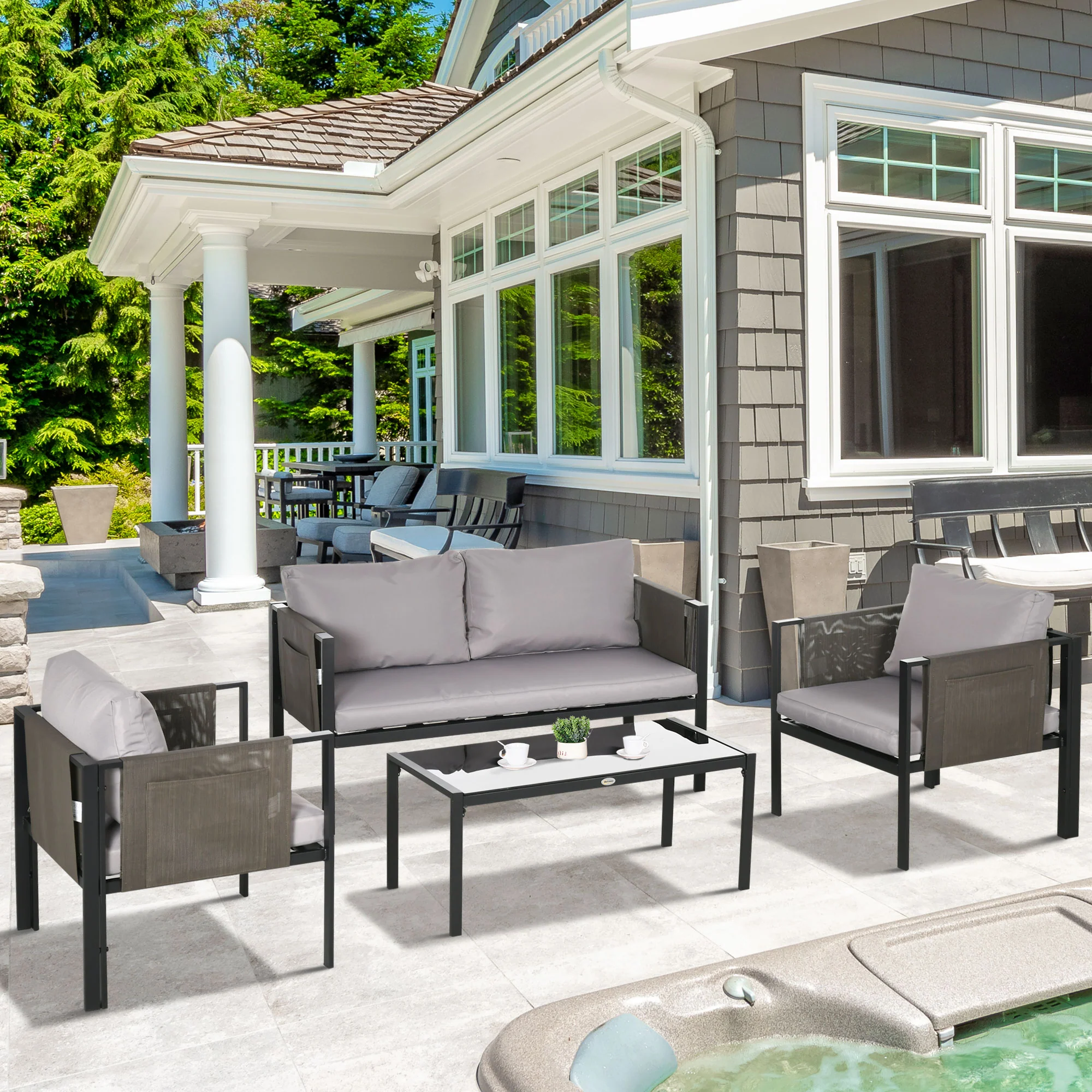 4 Pieces Garden Furniture Set w/ Loveseat, Glass Table, 2 Armchairs & Pocket, Light Grey - Image 4